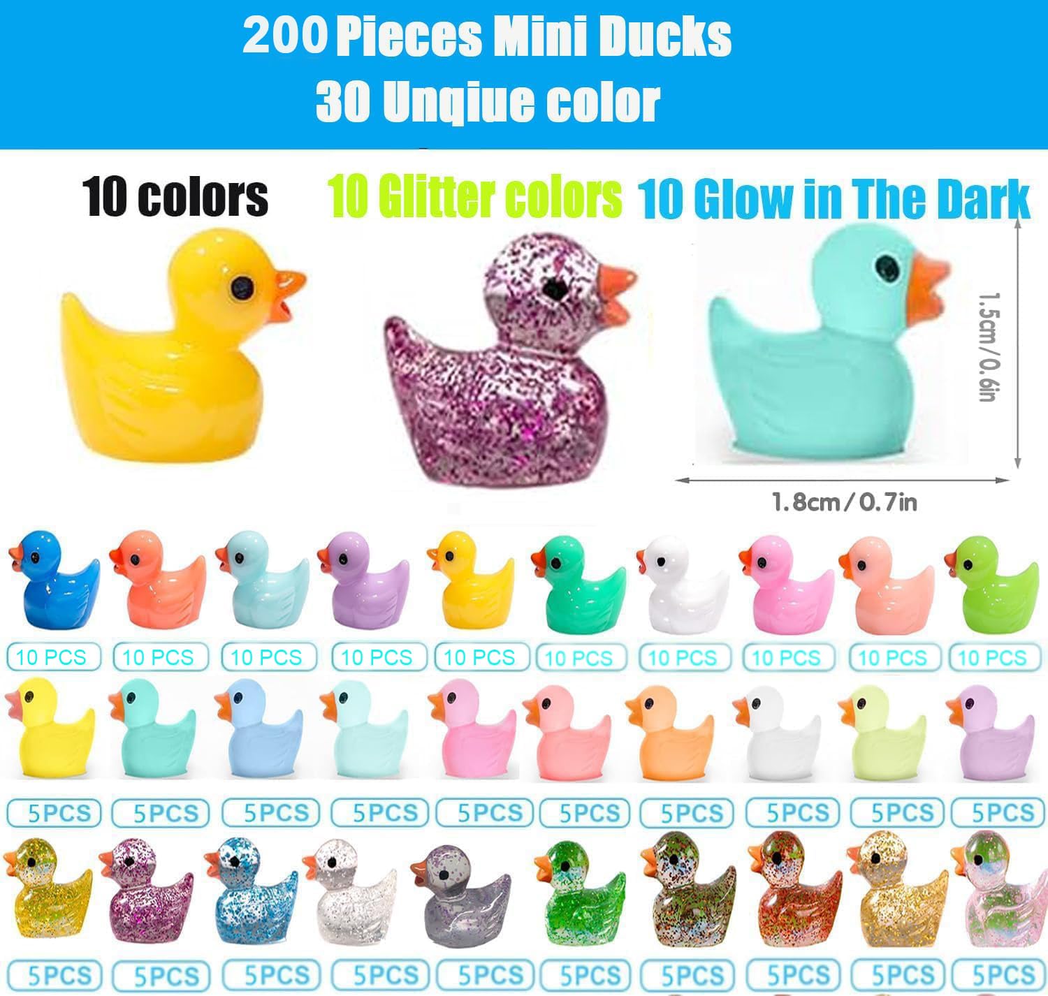 EIKEJI 200 Pcs Mini Ducks, 30 Colors Resin Tiny Ducks, Glitter