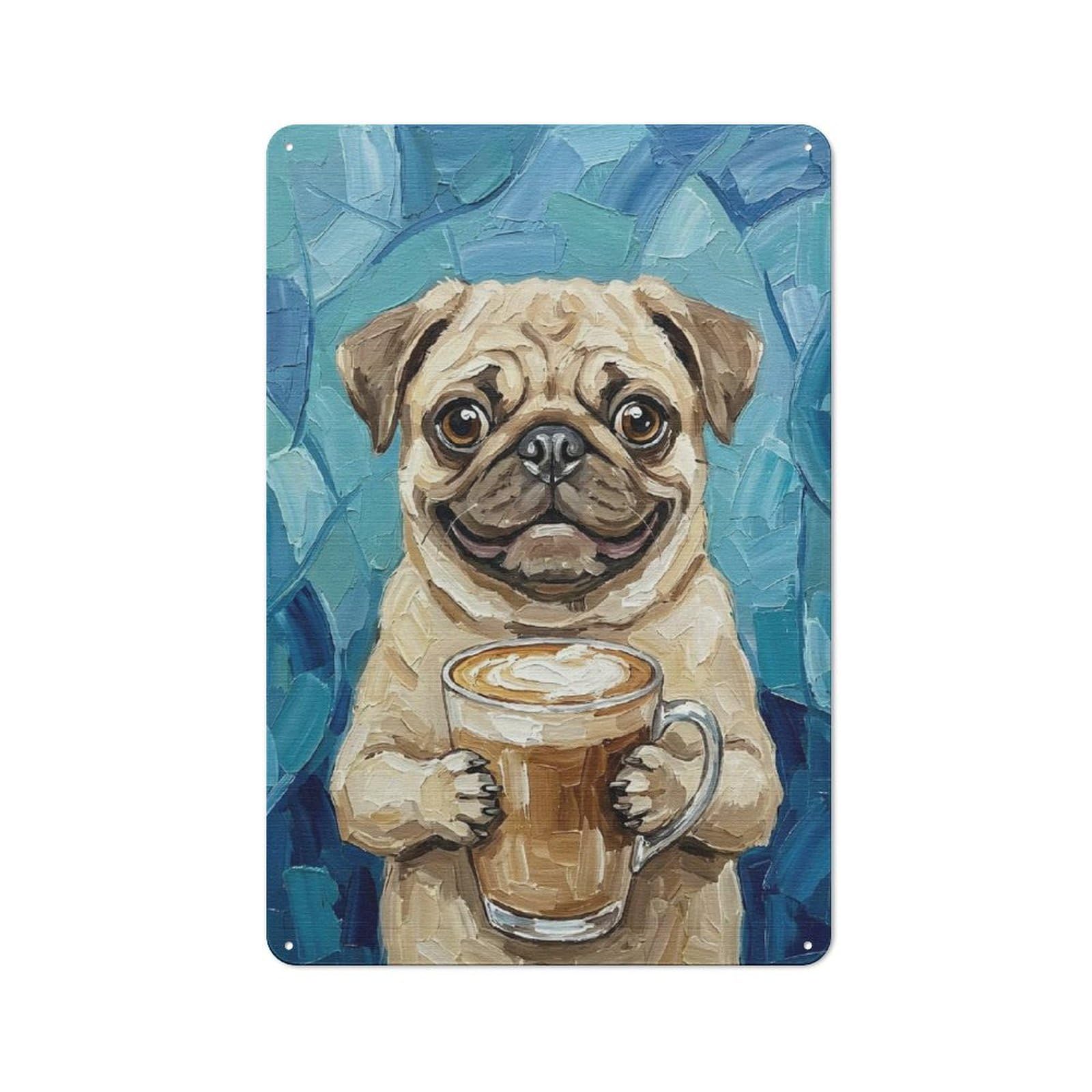 Junmoney Style-8 Pug With Coffee Rustic Metal Wall Sign 30X20cm For Workshop Wall, Suited To Makers And Diy Enthusiasts
