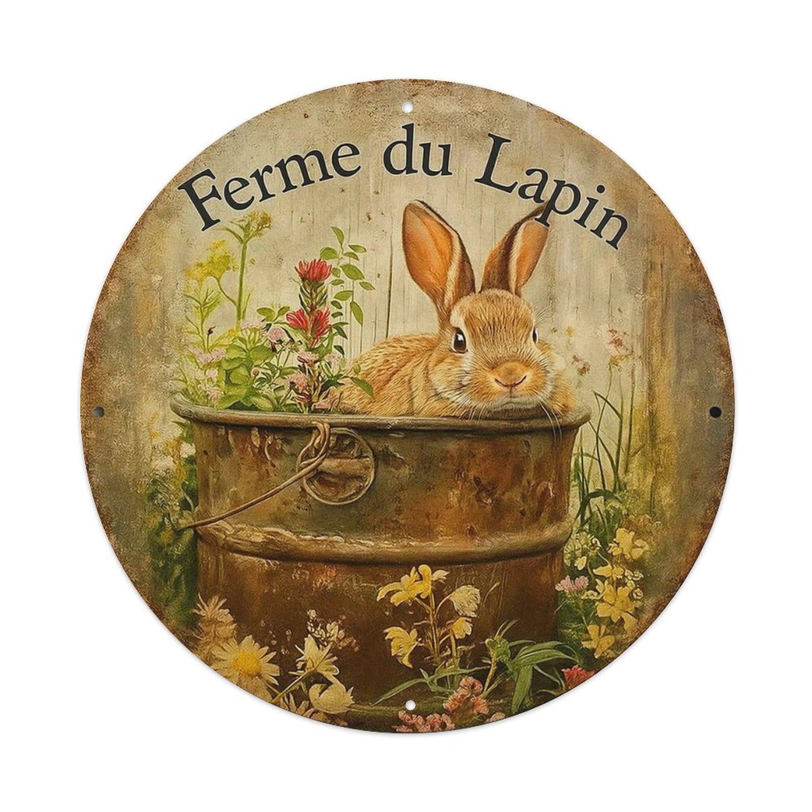Rabbit In Bucket With Flowers Vintage Round Tin Sign Retro Metal Wall Decor Metal Poster, Home Bar Garage Cafe Wall Art Decoration 8x8Inches