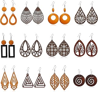12 Pairs African Wooden Dangle Earrings Geometric Wooden Earrings for Women Lightweight Ethnic Style Drop Earrings
