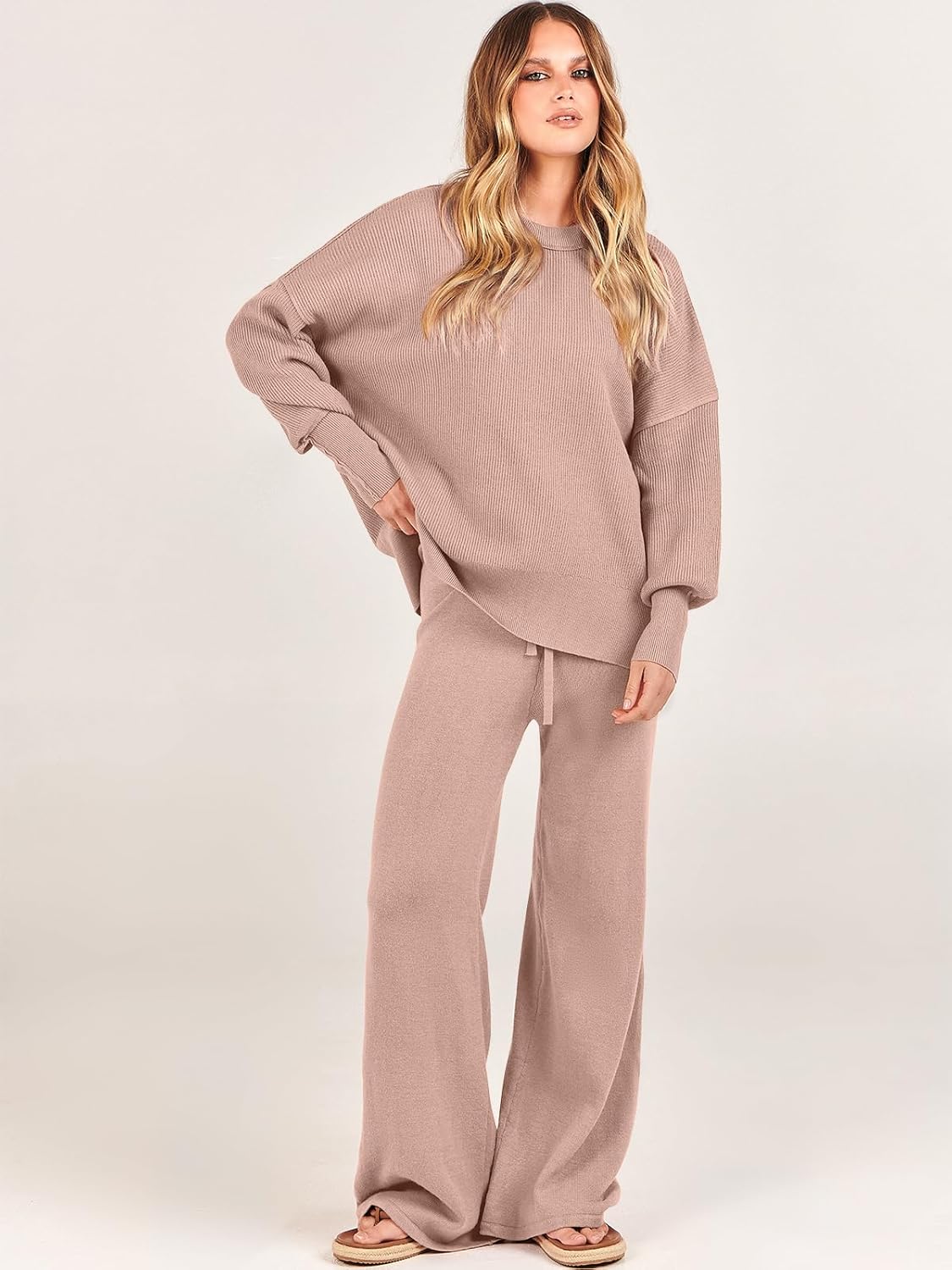 ANRABESS Womens 2 Piece Outfits Fall Lounge Set 2025 Oversized Chunky Knit Sweater Top Wide Leg Pants Loungewear Clothes - Image 2
