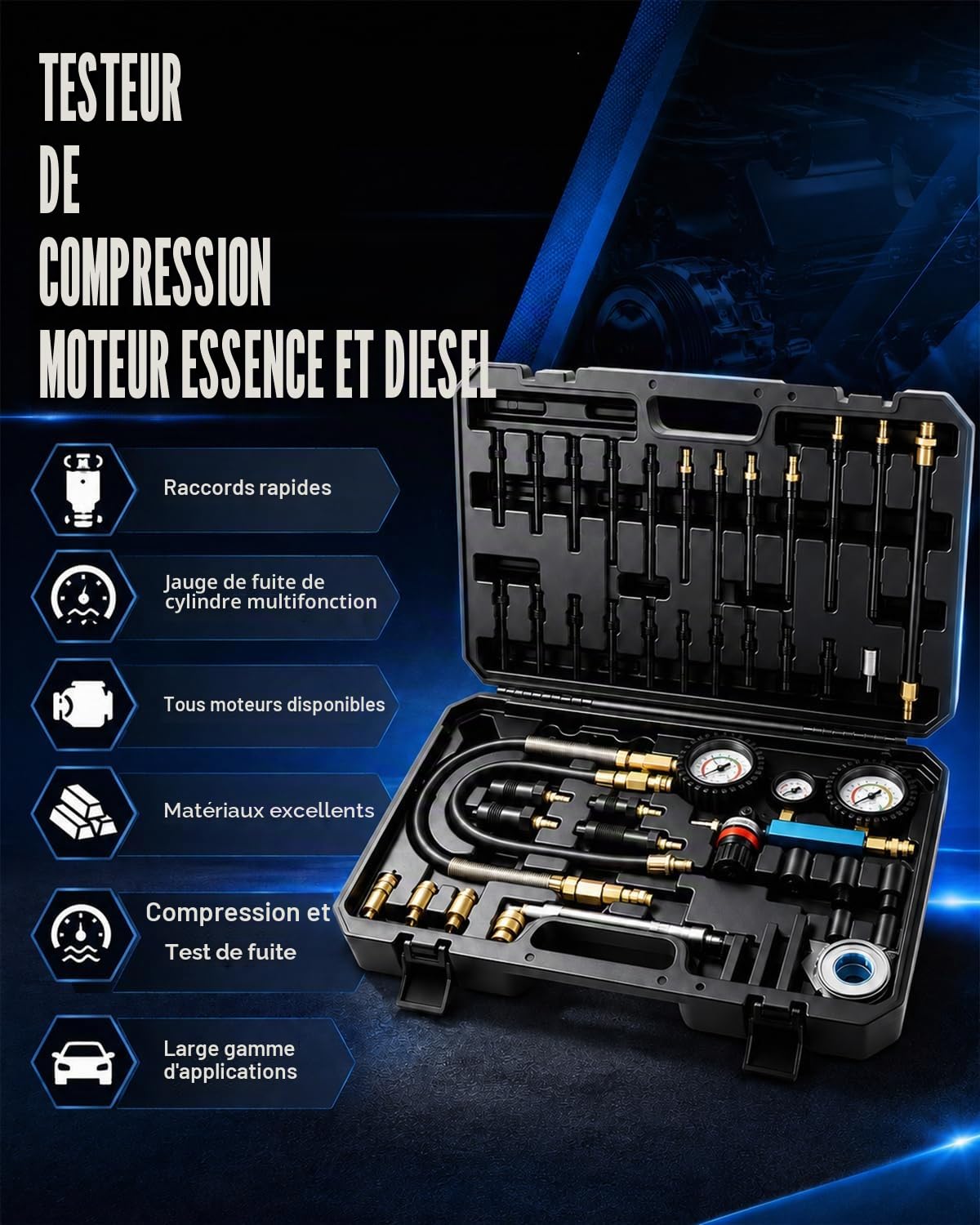 47PCS Kit Compressiomètre, Testeur de Compression Moteurs Diesel et Essence | Compressiomètre Diesel avec Compressiomètre 0-700 PSI / 0-50 Bar, Test Compression Moteur Compatible HDi, TDCi, Pumpe-Düse