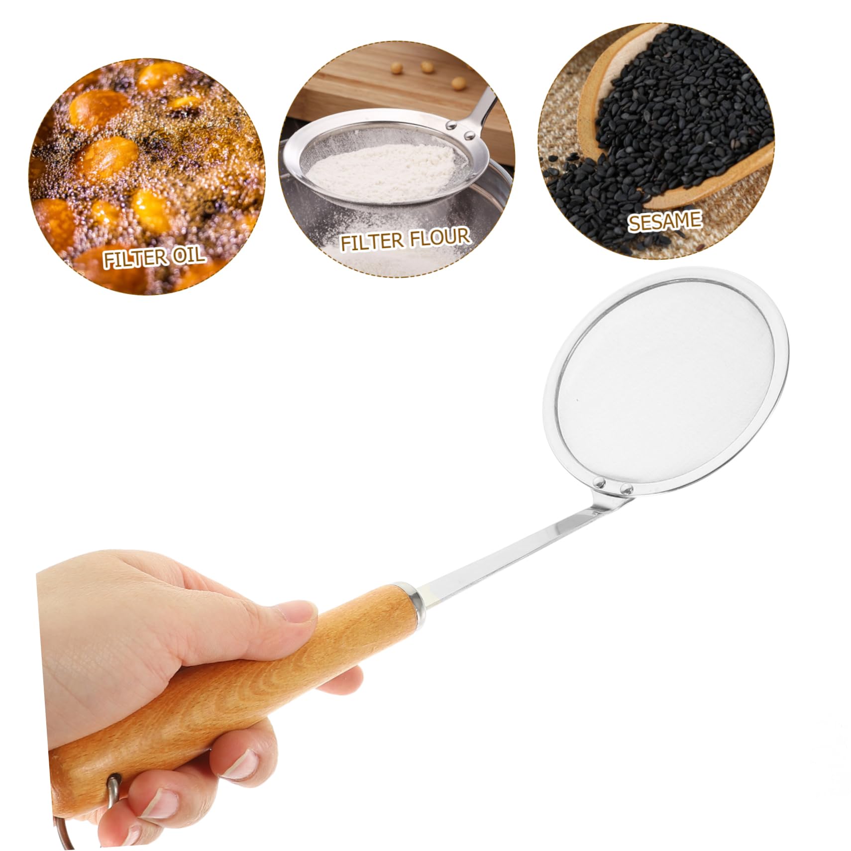 GLEAVI Stainless Steel Grease Spoon Strainer Skimmer Cookware Colander Filter Fine Grease Container for Kitchen Cooking Spoons Sifter Handle Utensils Scoops Wooden Silver