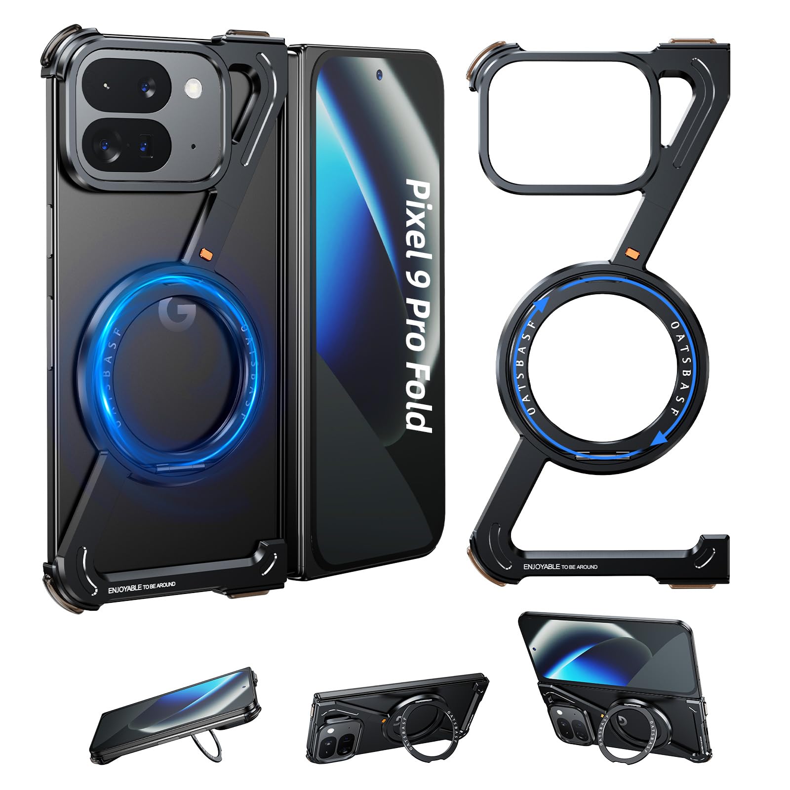 Z Shape Frameless Case for Google Pixel 9 Pro Fold,with360°Rotatable Magnetic Stand Phone Case,Drop Protection,Military Metal Shockproof Protective BumperCase for Pixel 9 Pro Fold Cover,Black