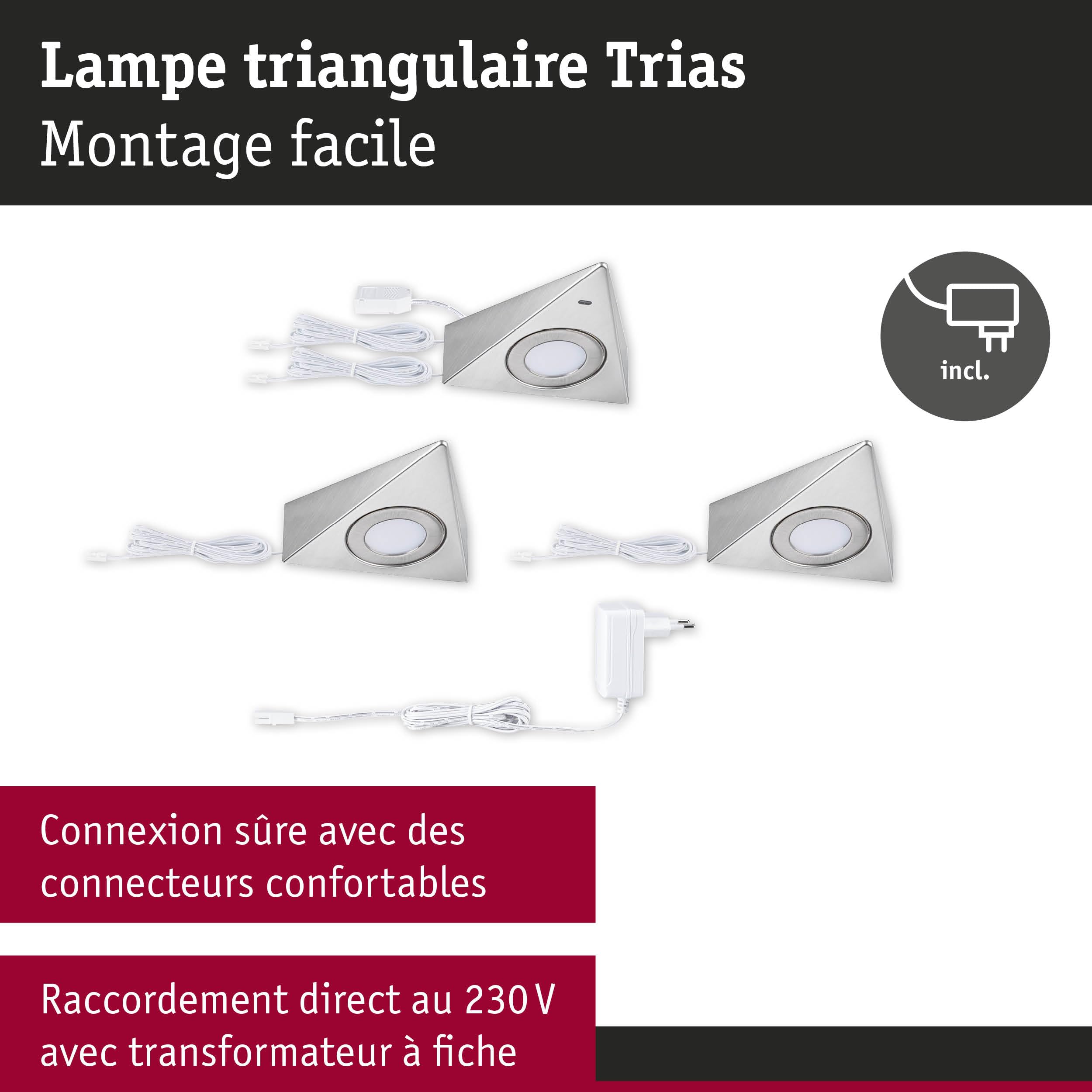 Paulmann 92125 LED sous-meubles Trias avec capteur de proximité kit de 3 3000 K 2,7W 135x132 mm 185lm Acier brossé luminaire en saillie pour meuble
