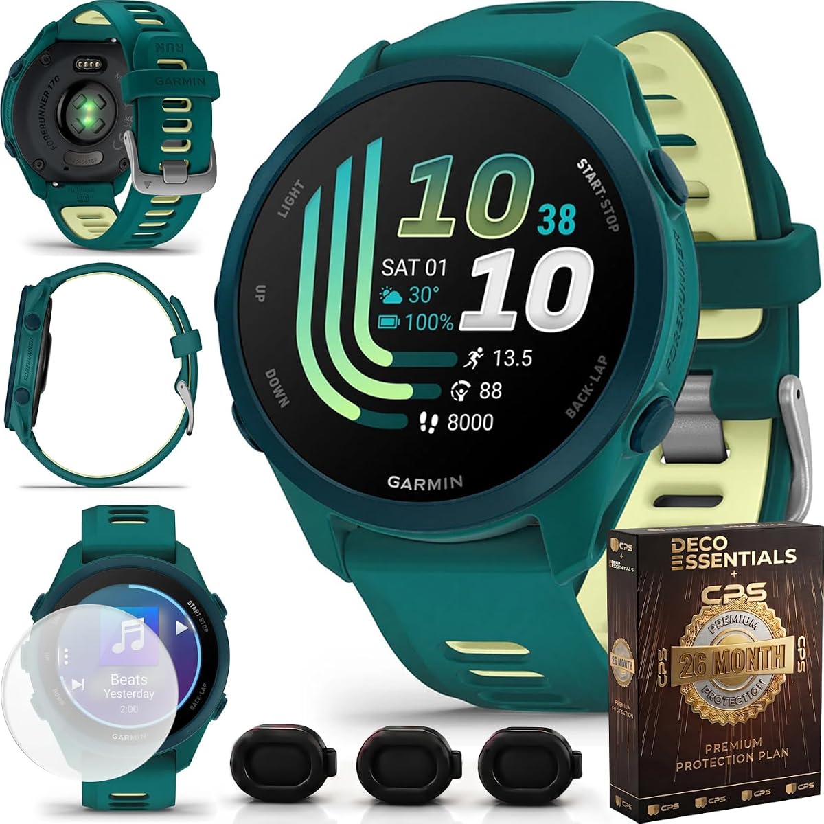 Garmin Forerunner 170 Music, reloj para correr con GPS AMOLED de 1,2", música en el reloj, batería de 10 días, verde azulado/cidro, 010-03920-12 con Deco Essentials CPS de 26 meses, protector de pantalla y paquete de 3 cubiertas antipolvo