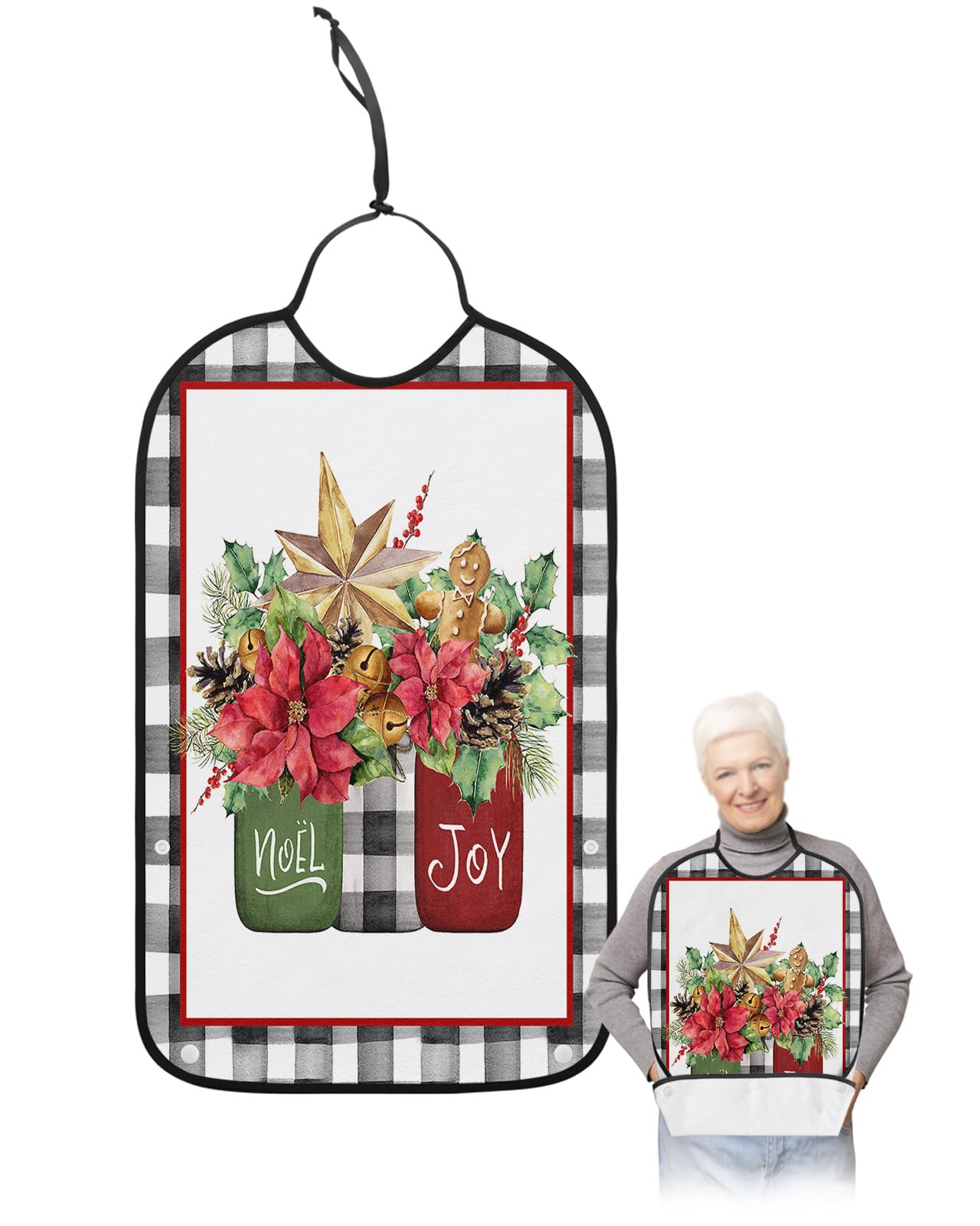 Christmas Poinsettia Adult Bibs for Eating, Waterproof Bibs with Food Catcher & Adjustable Snap Closure, Black Plaid Xmas Pine Cones Botanical Clothing Protectors Adult Bibs for Elderly Women/Men