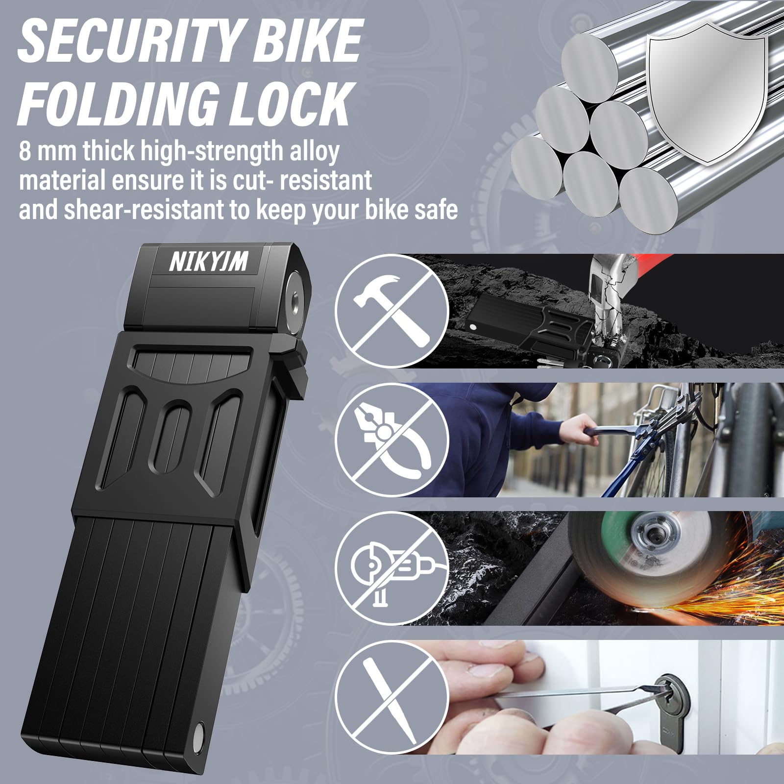 Candado Plegable Para Bicicleta, 130 cm 8 Nudos Antirrobo Con Marco y Accesorios - Robusto Para Bici de Carretera y Patinete