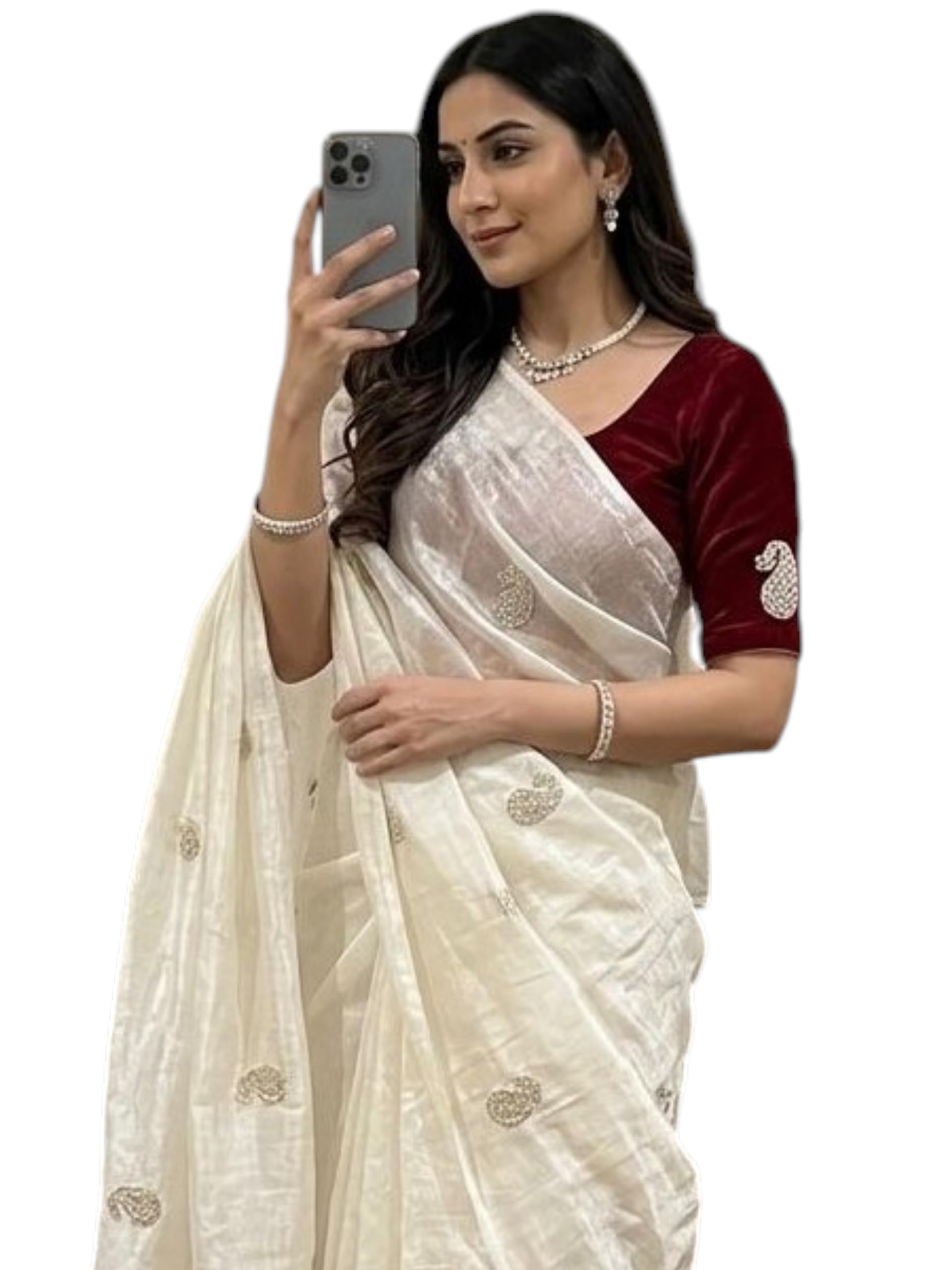 Women's Chiffon Saree with Moti Heart Cutwork Border and Embellished Work | Designer Saree with Matching Blouse Piece-picture-55