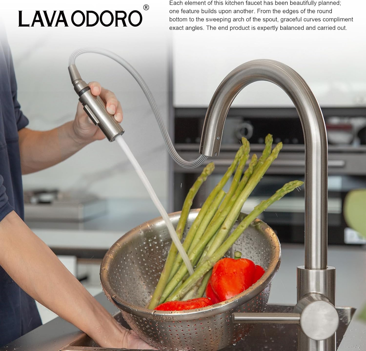 Lava Odoro Brushed Nickel Kitchen Faucet with Pull Down Sprayer, Modern Kitchen Sink Faucet Single Hole Faucet for Kitchen Sink with 2-Function Spray Head, KF1120-BN