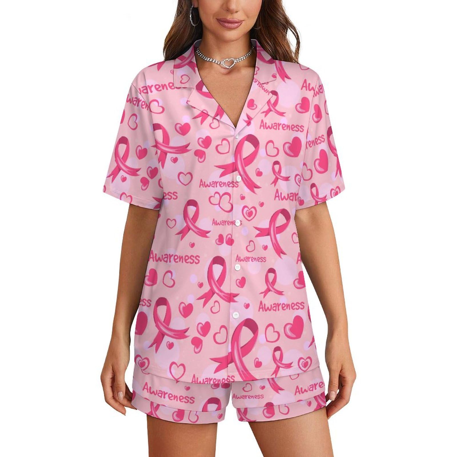 Smazdfxx Women's As Pic Breast Cancer Awareness Pajamas Sets Short Sleepwear V Neck Loungewear