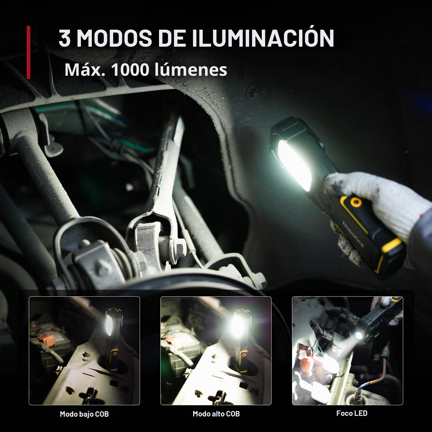 Linterna de Trabajo LED Recargable, 5200mAh Luz de Trabajo Lámpara de Taller con Base Magnética Giratoria de 180°, 1000LM 3 Modos Linterna Mecanico para Garaje, Camping, Emergencia