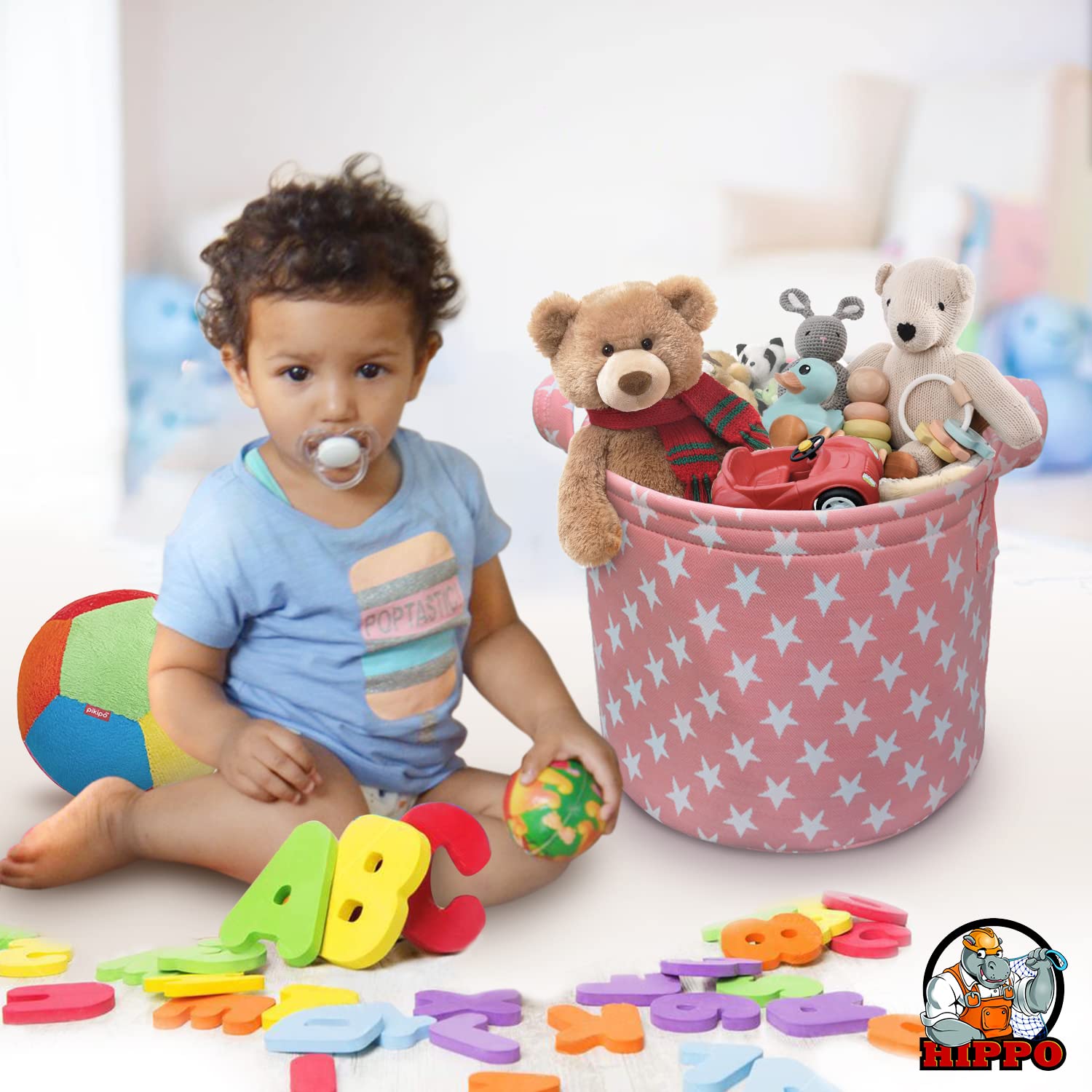 HIPPO Designer Non-woven Polyester Cute Baby Toy Bin for Smart Mothers Unbreakable Toy Storage Basket For Babies Laundry Basket Cloth Storage Bin (Pink-Star, Pack of 1 pc) 3