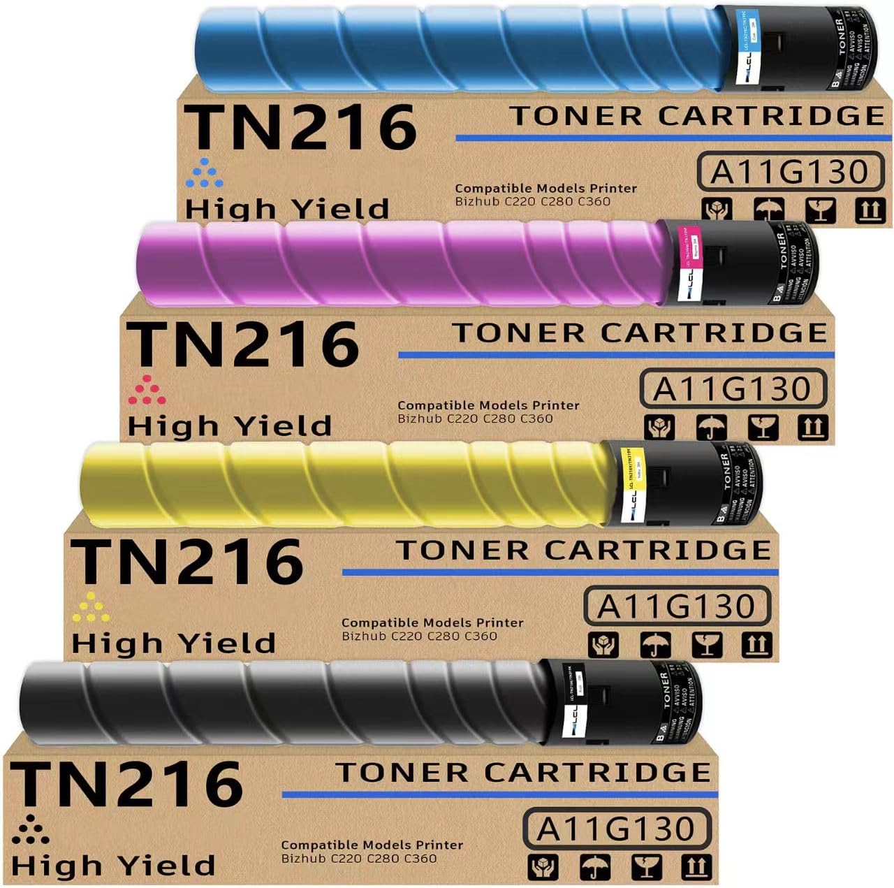 TN-216 TN-319 Toner Cartridge High Yield Replacement for Konica Minolta TN216K TN216C TN216M TN216Y TN-216 Toner Compatible with Minolta Bizhub C360 C220 C280 Printer(B/C/M/Y)