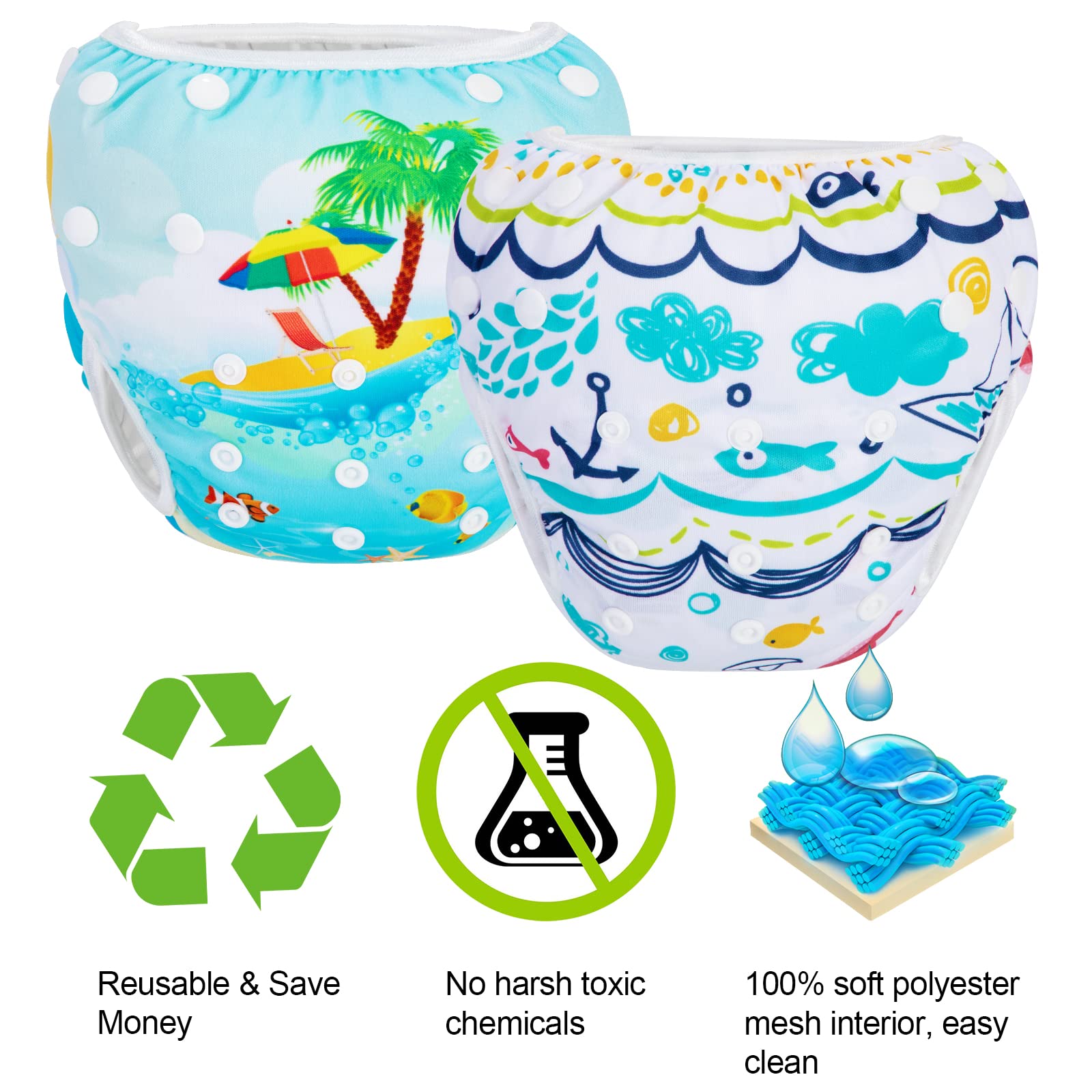 PHOGARY Couche de natation pour bébé (0-3 ans), 2 PCS. Maillot de bain bébé réutilisable pour 3-15kg, Plage+Baleine