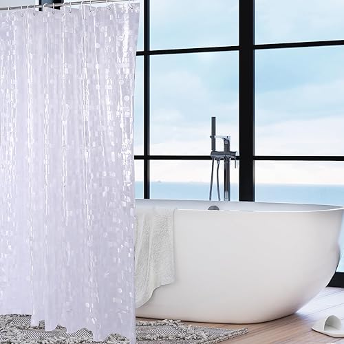 Miniatura 4 de Cortina de ducha blanca impermeable 3D con patrón cuadrado y círculo. 71 x 71 pulgadas con 12 anillos de plástico. 1 unidad, color blanco.