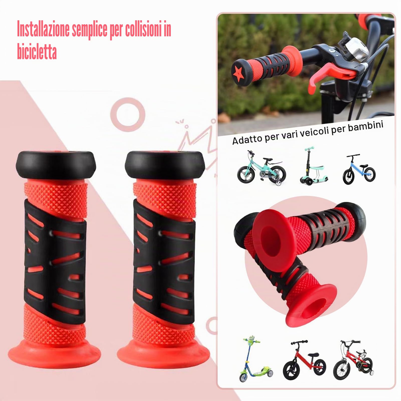 Coppia di manopole bici bambino, manopole bici bambini,Manopole Manubrio in Gomma Morbida 95mm,Diametro 22mm,Sicurezza con Protezione Antiurto per Biciclette,Tricicli, Scooter