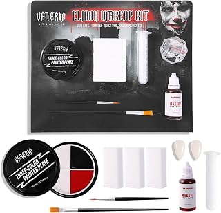 VANERIA Clown Makeup Halloween, Black White Red Cream Face Body Paint for Halloween, SFX Makeup Set with Vampire Teeth & Fake Blood, Clown Art Theater With Brushes