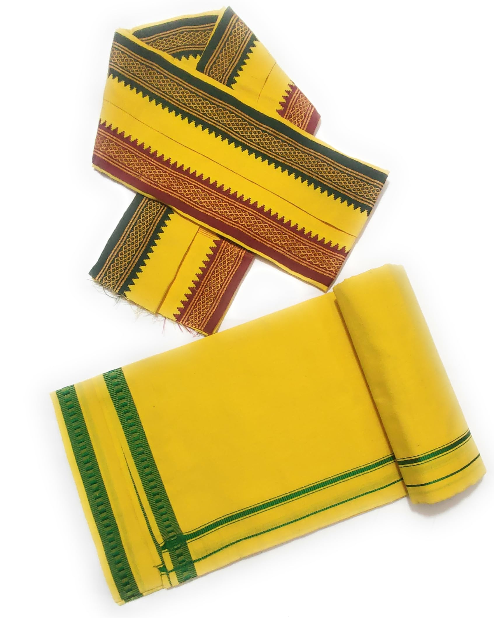 jupalaw mens cotton traditional single 2.00meters approx casual style lungi/dhoti/with angavastram 35x75 towel (yellow) (yellow black)-picture-40
