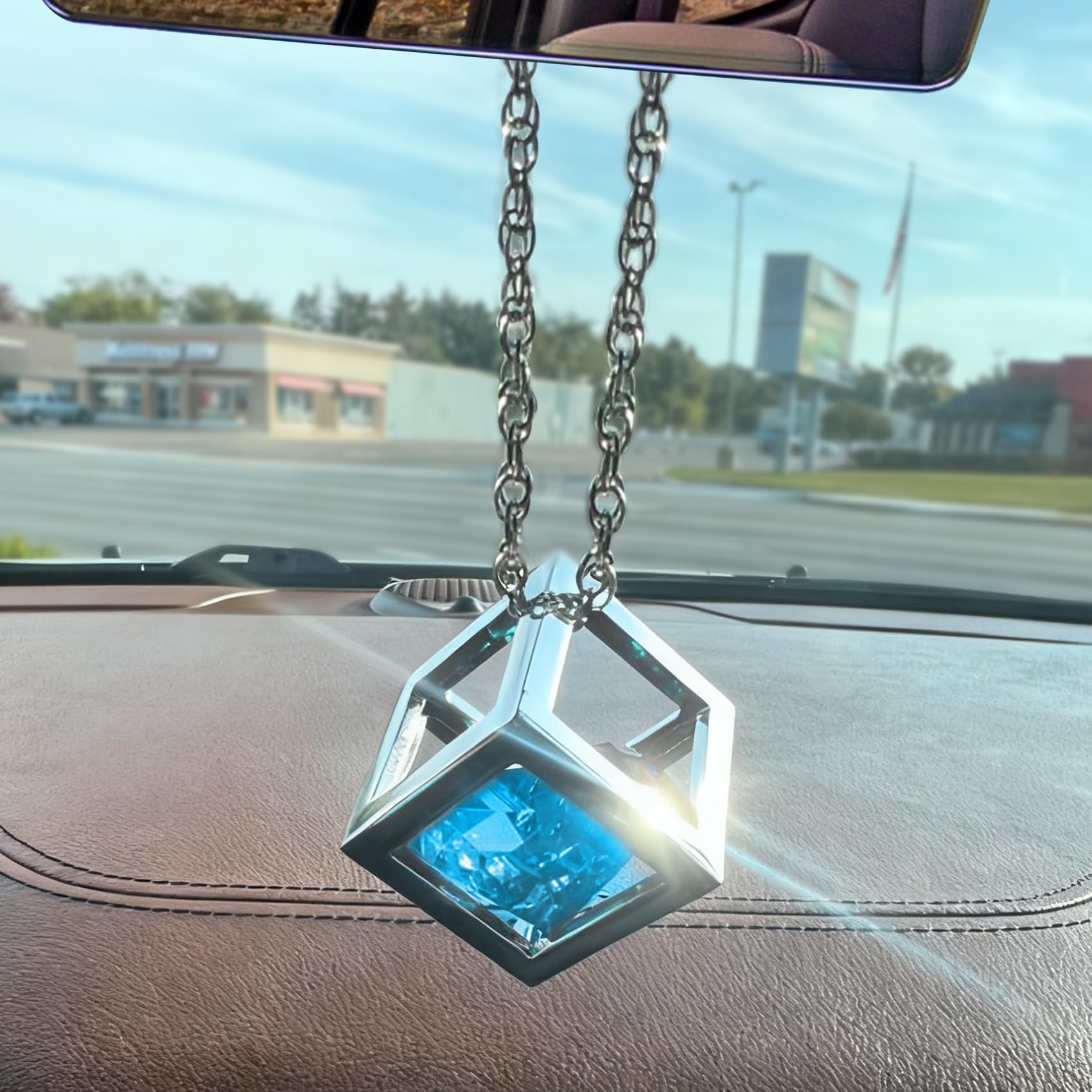 Winuerk Women's Blue Bling Diamond Cube Car Rear View Mirror Charms, Crystal Car Rear View Mirror Charms, Lucky Presents Hanging Ornament Pendant Decor Universal For Girls (Blue)