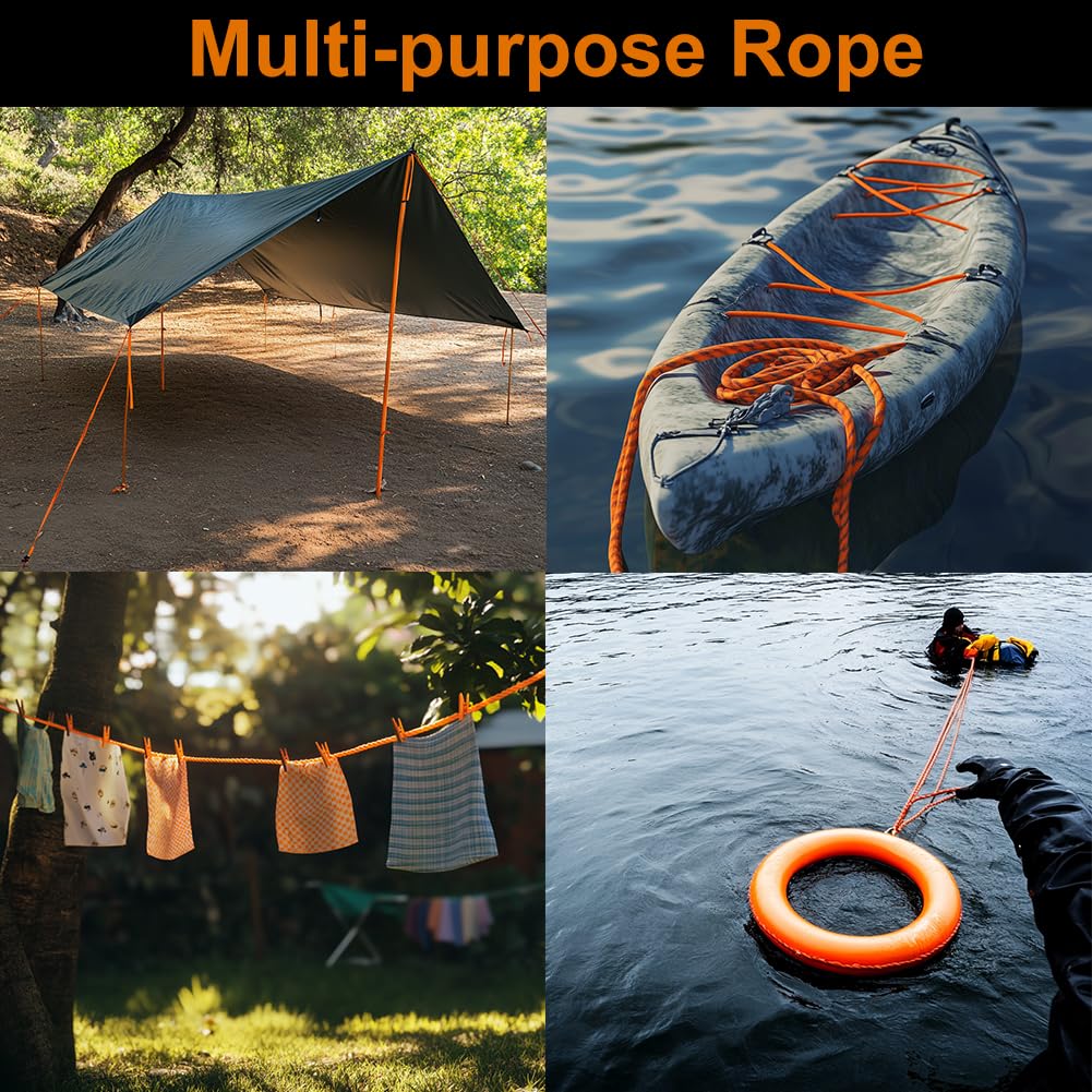 BeGrit 100M Corda Galleggiante Multifunzione Paracord 8 mm Giallo per Barca | Corda di Sopravvivenza con Moschettone con Ghiera a D in Alluminio per Barca da Campeggio Tenda Sport Fune Outdoor Arancione