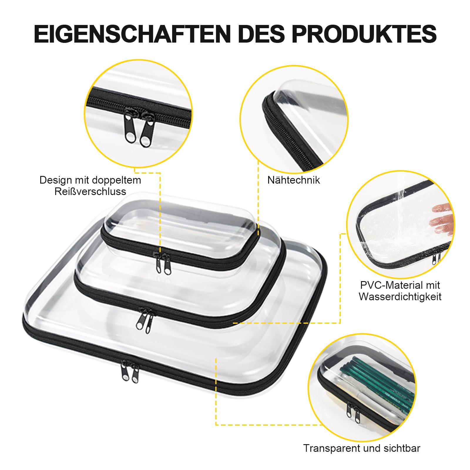 Borsa trasparente con doppia cerniera, in PVC trasparente, borsa da toilette impermeabile, per viaggi, cosmetici, borsa rigida portatile, per donne e uomini, Nero , 3 Stk, Klein, Beauty case
