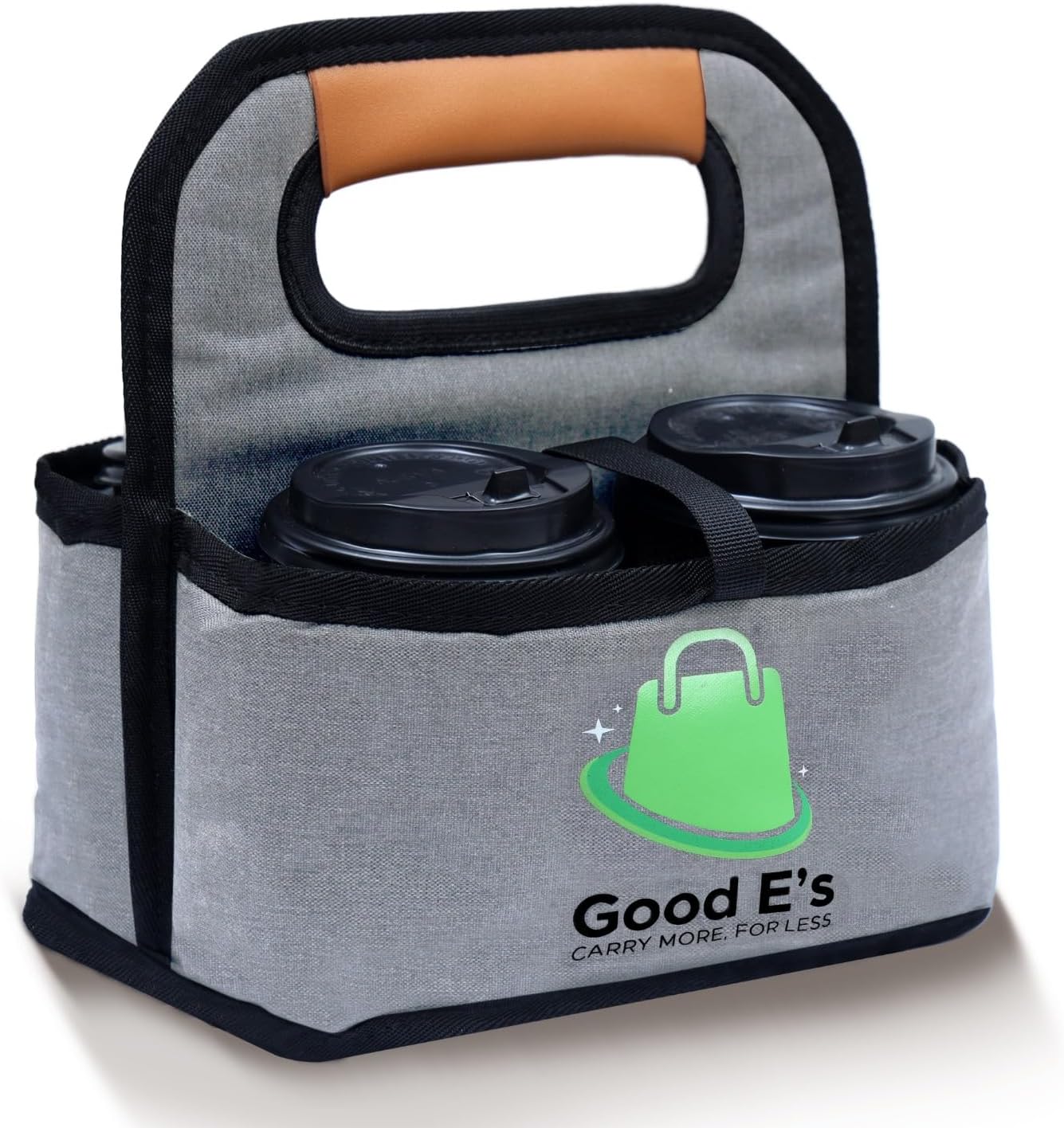 Good E’s 4 Cup Reusable Coffee Cup Carrier for Delivery, Insulated, Waterproof, Portable Tote Bag Drink Holder with Leather Handle Organizer for Cold/Hot Beverages (16oz to 24oz)