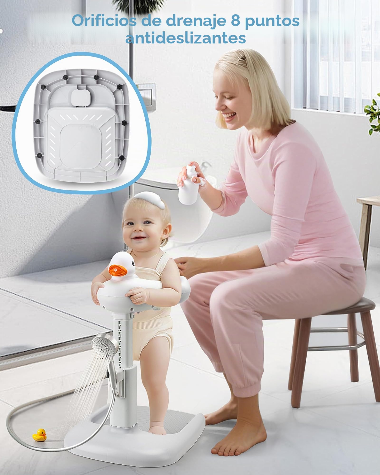 Altura ajustable para la bañera de bebé con asiento: ducha de pie con asiento para niños a partir de 6 meses – Base antideslizante y diseño de pato ayuda a la ducha infantil
