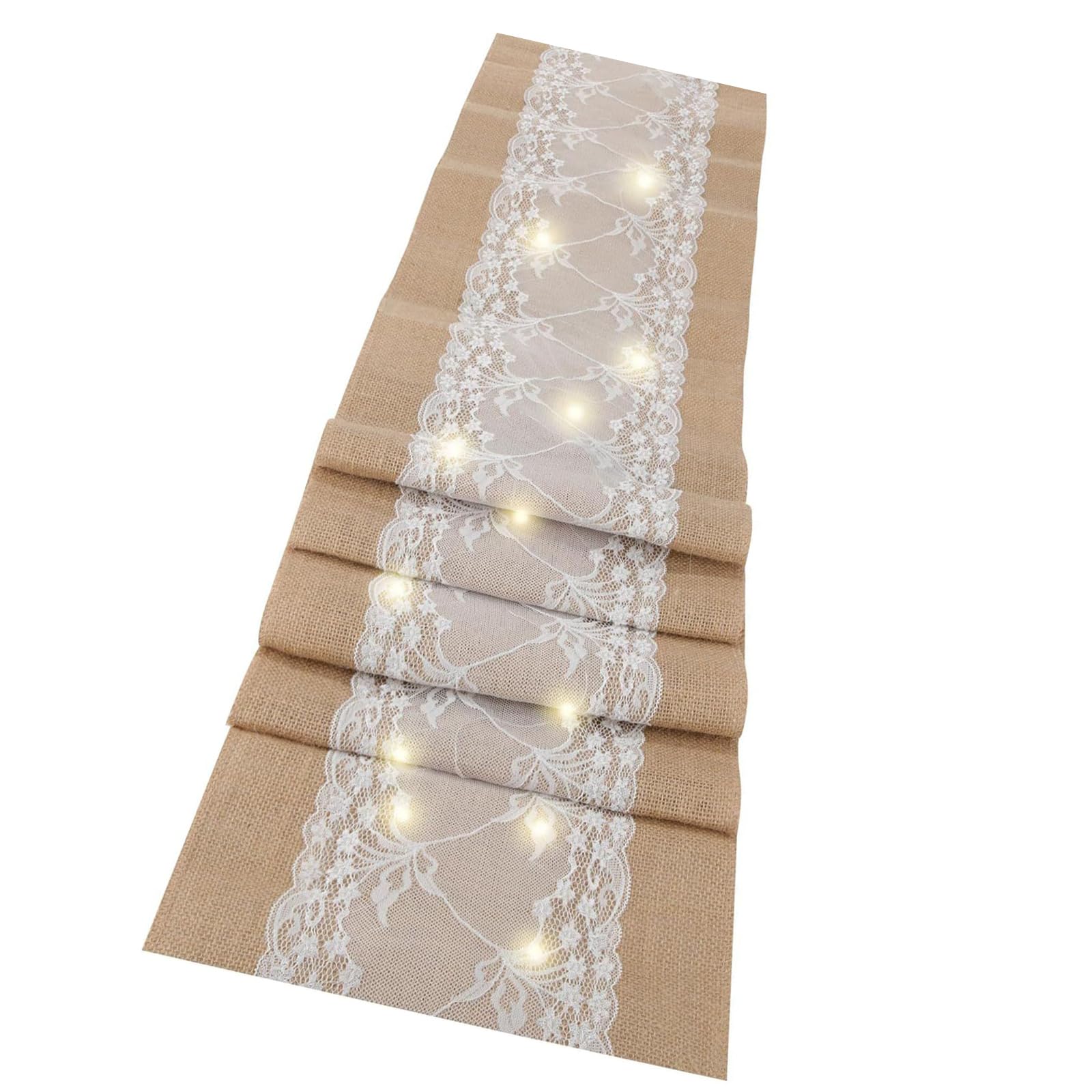 NEWFT Romance Burlap Lace Table Runner with Builts in LED Light for Dining Table Decoration Polyester Party Decoration Festival Centerpiece