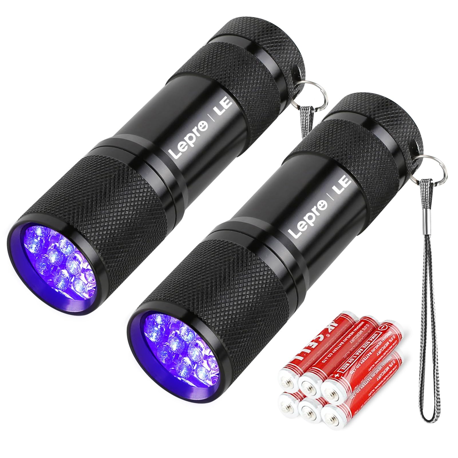 Lighting EVER Torcia UV LED 2 Pezzi,9 LED 395 nm,Torcia Ultravioletti a Luce Nera per Rilevatore di Urina di Cane/Gatto,Cosmetici,Batterie AAA Incluse