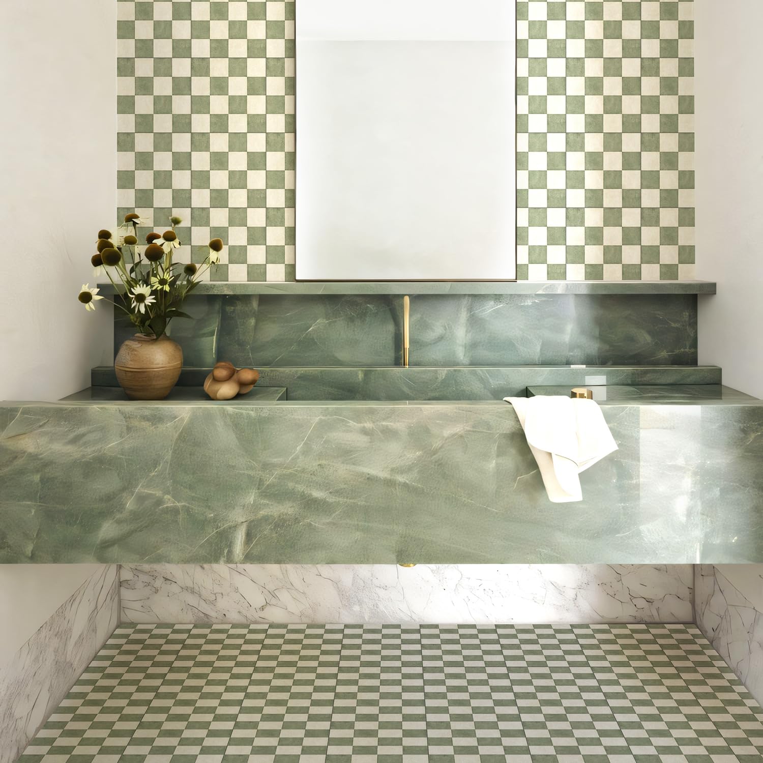 Alwayspon 10 azulejos de piso de 12 x 12 pulgadas x 12 pulgadas, impermeables, antideslizantes, de vinilo, para baño, cocina, dormitorio, decoración de suelo apta para inquilinos, tablero de ajedrez