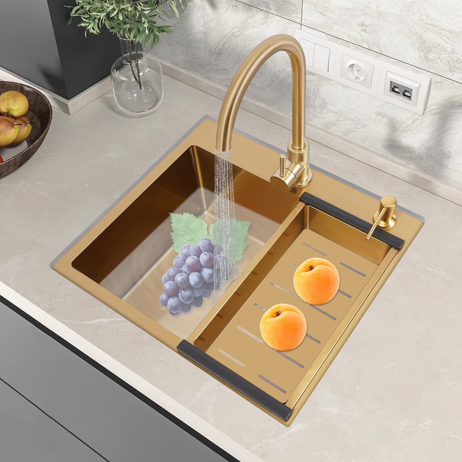 Fregadero de cocina de acero inoxidable 50x45 cm, fregadero de cocina de 1 seno, fregadero empotrable con grifo y escurridor, dorado