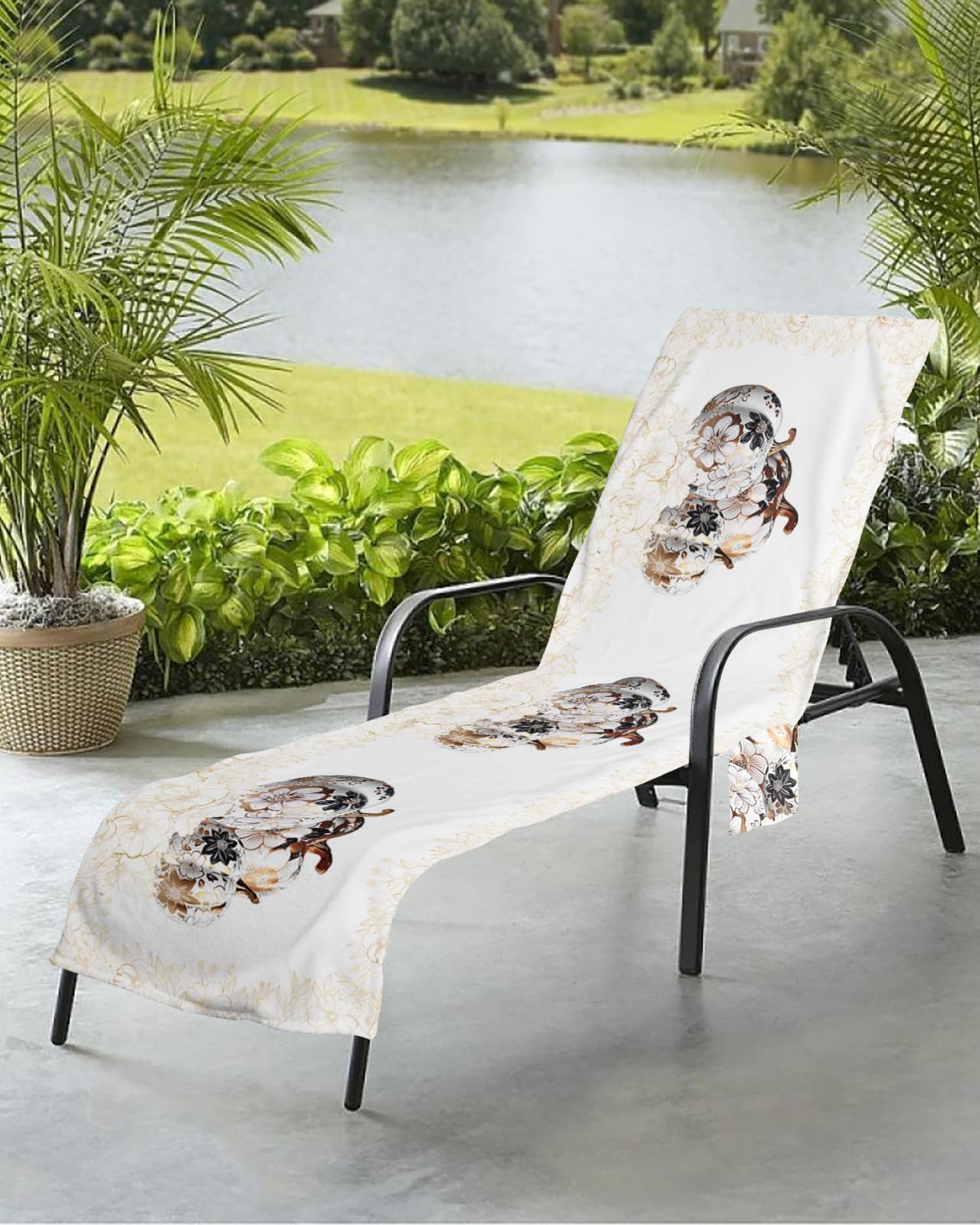 White Thanksgiving Pumpkins Beach Chair Towel Covers for Chaise Lounge with Side Pocket, Soft Plush Pool Towels Cover for Patio Sunbathing Outdoor 29''x85'' Classic Gold Floral Leaves