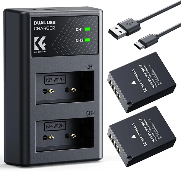 K&F CONCEPT 1300mAh NP-W126 NP-W126S Battery and Charger for Fujifilm XM5, X100VI, X100V, XS10, XT30, XT30 II, XT20, XE4, A5, Dual-Slot Fast Charger, Type-C and Micro-USB Input, 2 Pack Battery