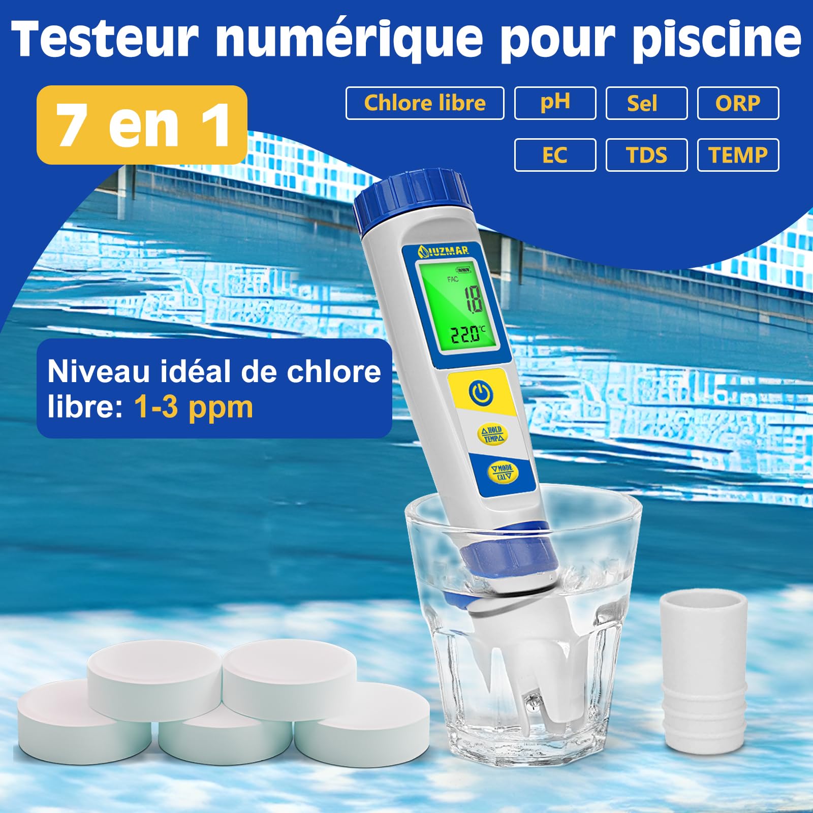 UIUZMAR Testeur de pH, de Sel et de Chlore pour Piscines 7 en 1