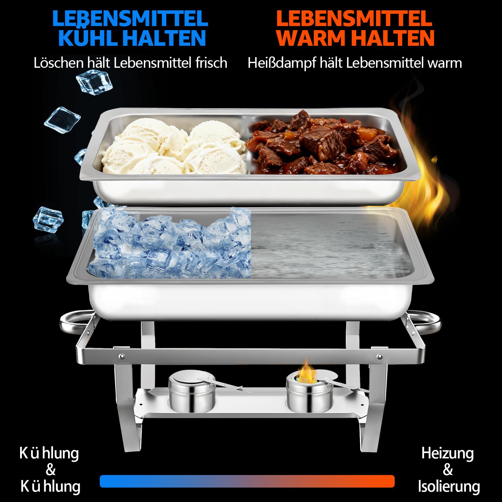 Chafing Dish Speisenwärmer 9L Edelstahl Buffetwärmer Warmhaltebehälter mit Deckel Lebensmittelpfannen und Brennstoffhaltern für Catering, Buffet und Party (4 Sets)
