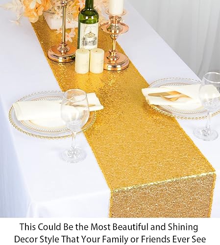 Vista 2 de Camino de mesa de lentejuelas doradas, 12 x 72 pulgadas, paquete de 15 caminos de mesa de boda con purpurina, camino de mesa dorado brillante