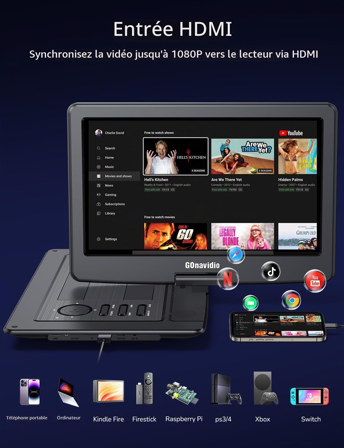 GOnavidio Lecteur DVD portable 18" avec grand écran de 16", batterie rechargeable 5H intégrée, haute résolution 1600 x 900, prise en charge de l'entrée HDMI, écran de synchronisation, USB/TF, MP4/MKV