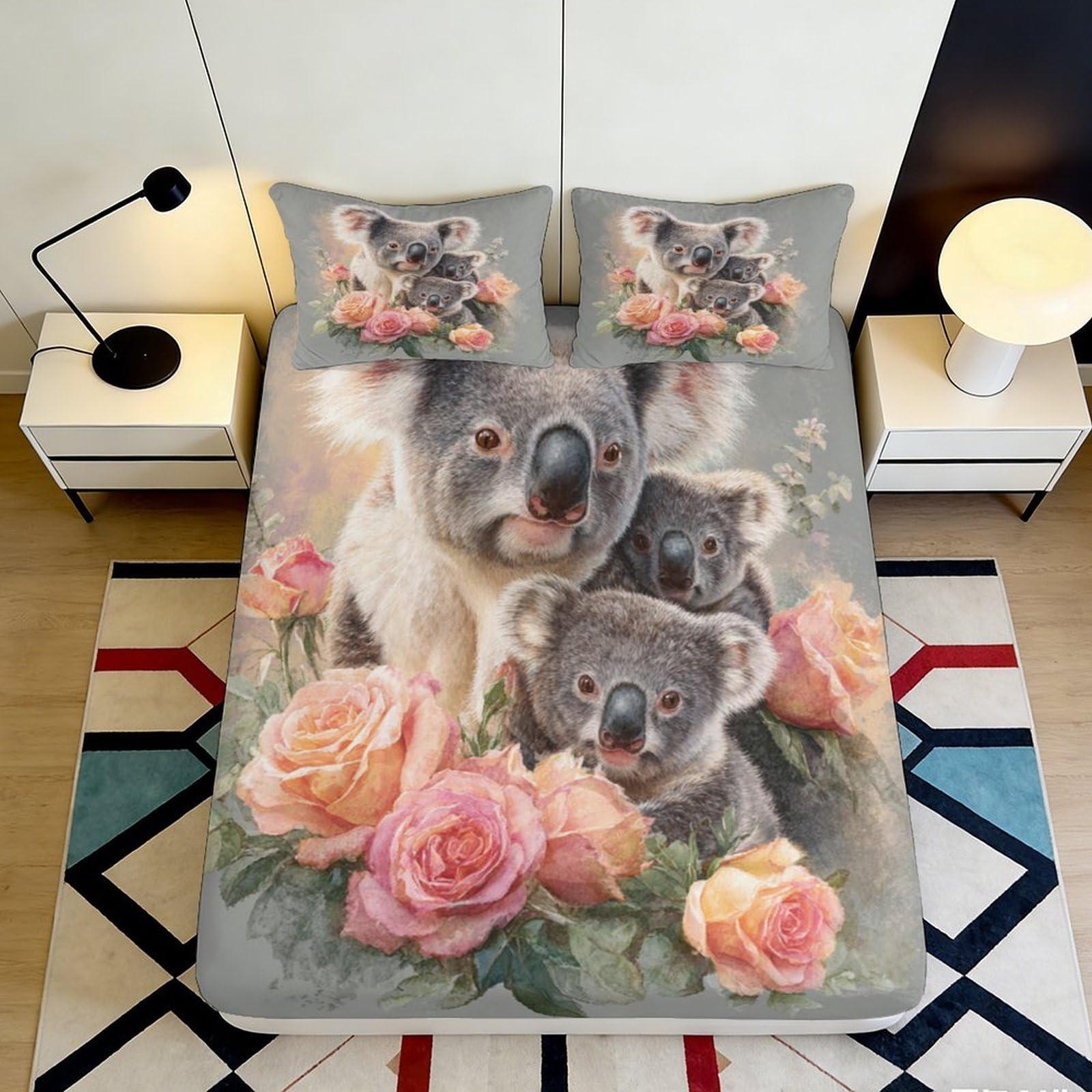 3D Printed Koala Family Fitted Sheet Microfiber Soft Non-Slip Mattress Cover Floral Decor for Bedroom Guest Room 118x200cm 160x200x25cm