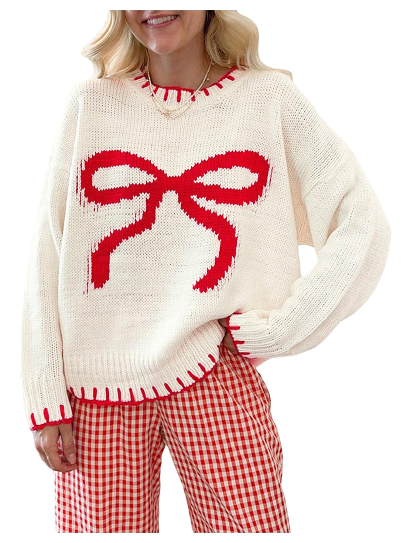 SOLY HUX Womens Y2k Bow Sweater Crewneck Long Sleeve Knit Pullover Tops Oversized Sweaters