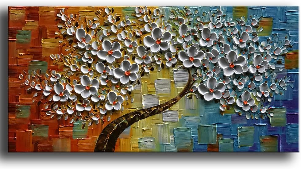 YaSheng Arthand-painted Contemporary Art Oil Painting On Canvas Texture Palette Knife Tree Paintings Modern Home Interior Decor Abstract Art Colorful 3D Flowers Paintings Ready to hang 24x48inch