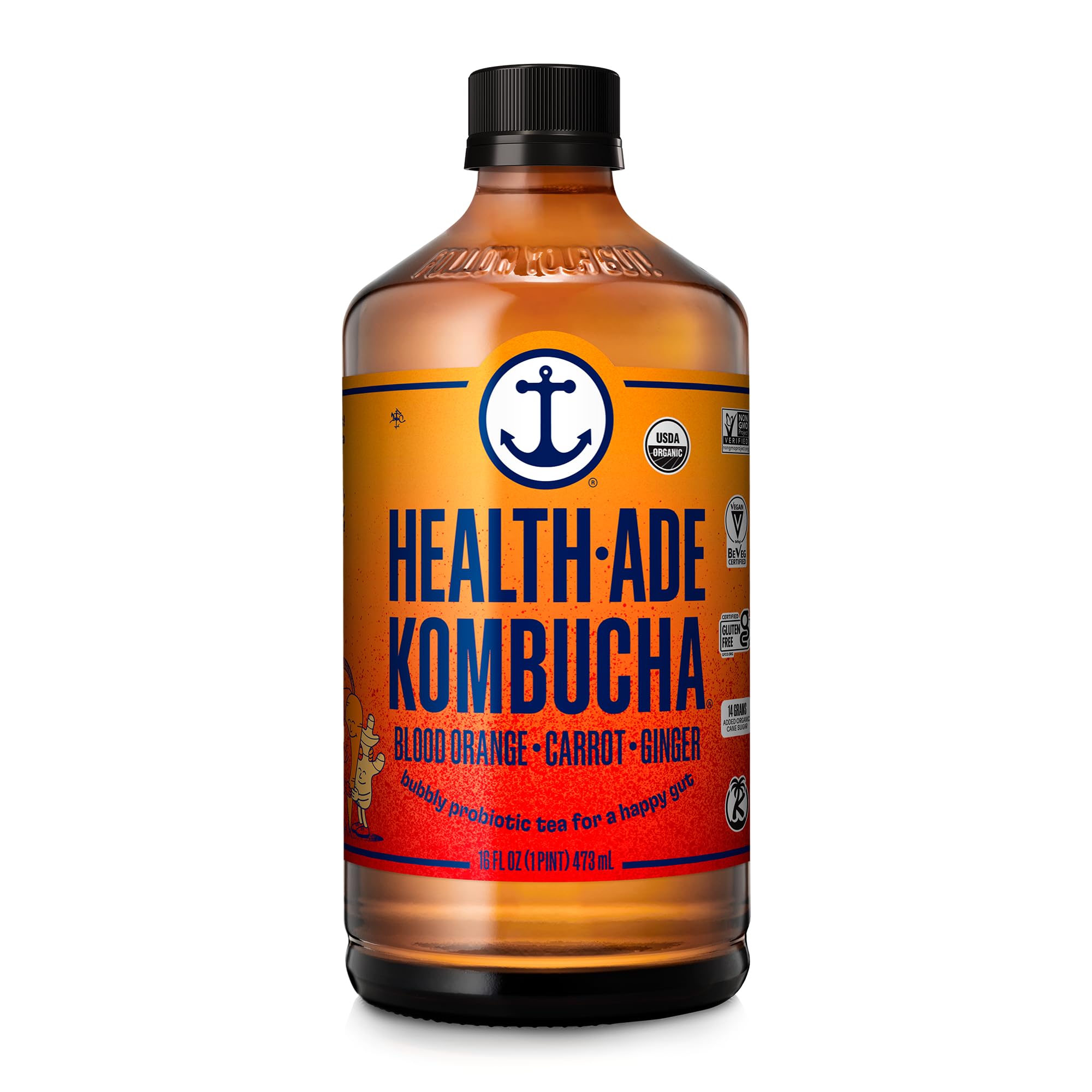 Health-Ade Kombucha Tea Organic Drink, Fermented Tea with Living Probiotics, Detoxifying Acids, Supports Gut Health, Non-GMO, Vegan, Gluten Free, 12 Pack (16 Fl Oz Bottles), Blood Orange Carrot Ginger