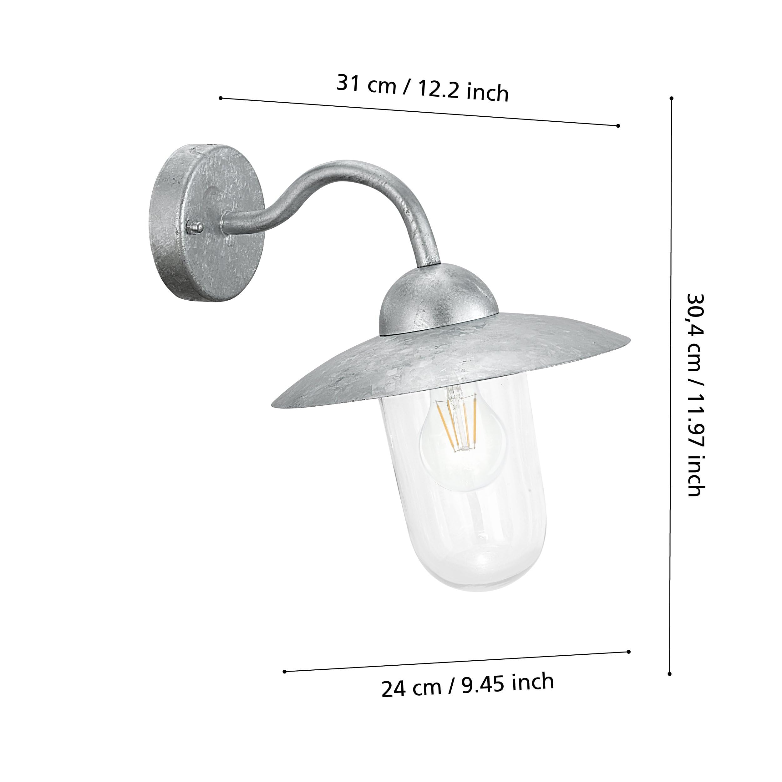 EGLO Lampa ścienna zewnętrzna Milton, 1-płomienna oprawa na ścianę | wykonana ze stali ocynkowanej na gorąco w kolorze srebrnym oraz szkła, oprawka E27, klasa szczelności IP44