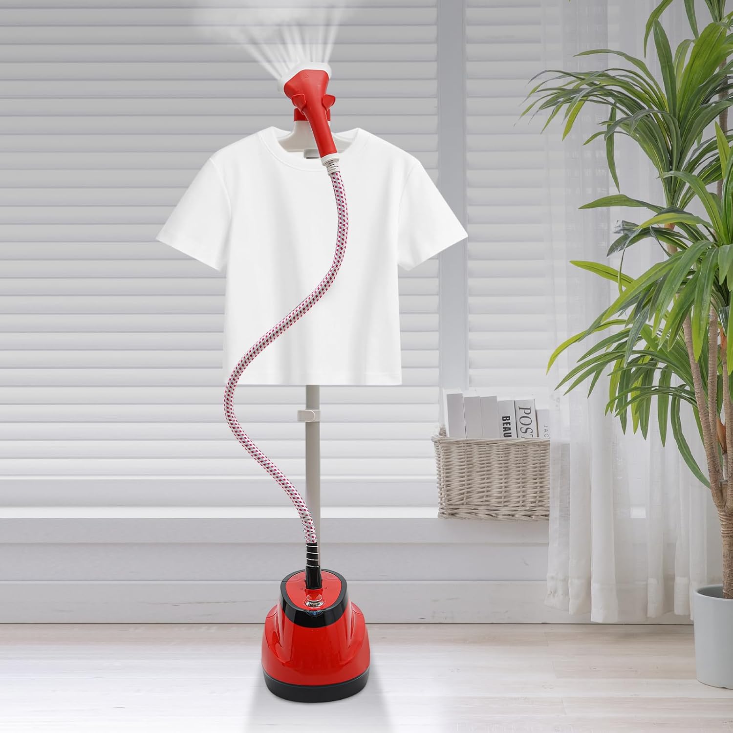 Standing Garment Steamer,Steamer for Clothes,1350W Fabric Steamer Standing Clothes Steamers with Ironing Board, Adjustable Rod & 1.6L/0.42gal Water Tank Wrinkle Remover Heats in 45 Seconds (Red)