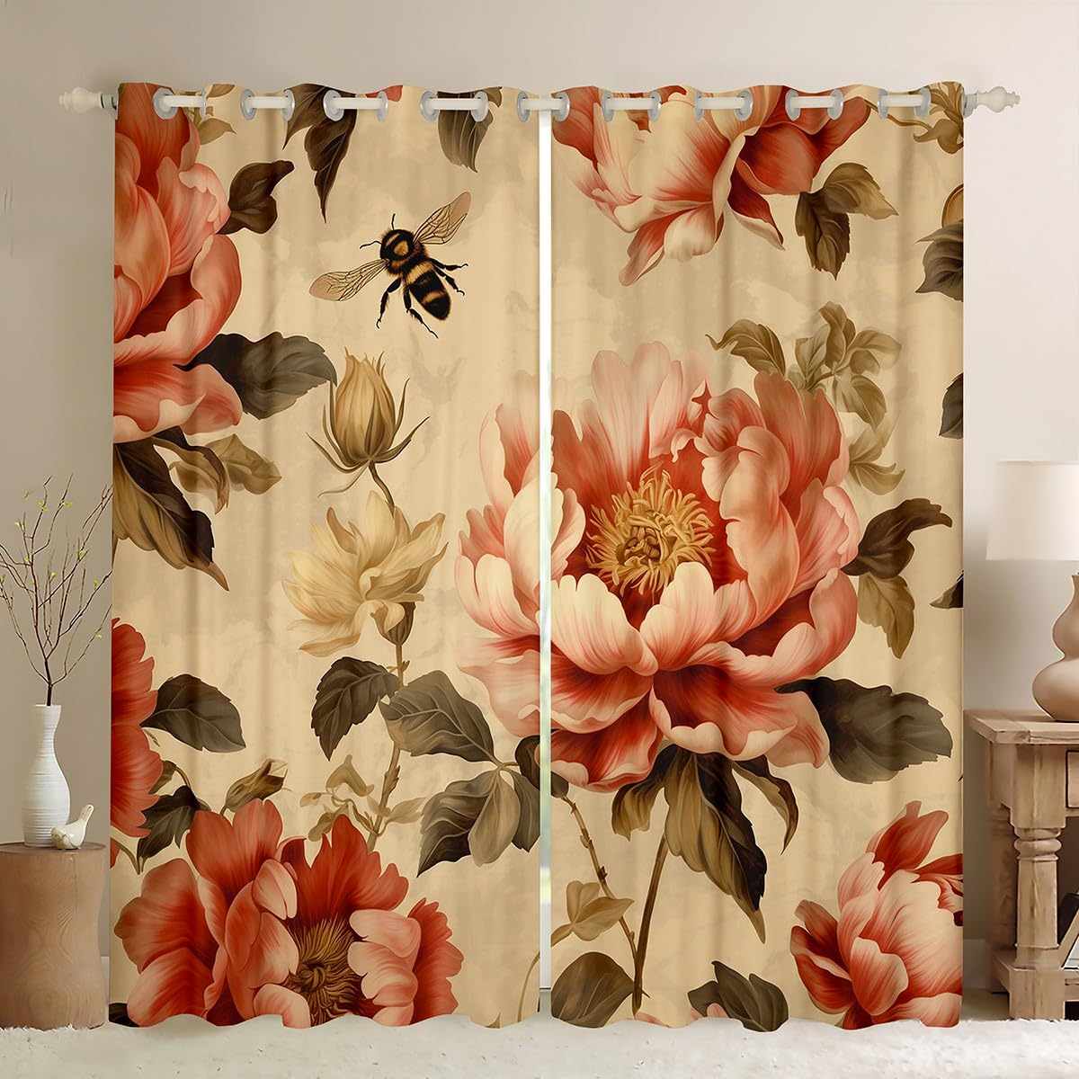 Erosebridal Girls Pink Floral Blackout Curtains 76x54 Vintage Flower Curtains,Kids Honey Bee Curtains & Drapes Cute Wild Animal Bedroom Curtains Pink Beige Window Drapes Spring Themed Bedroom Decor