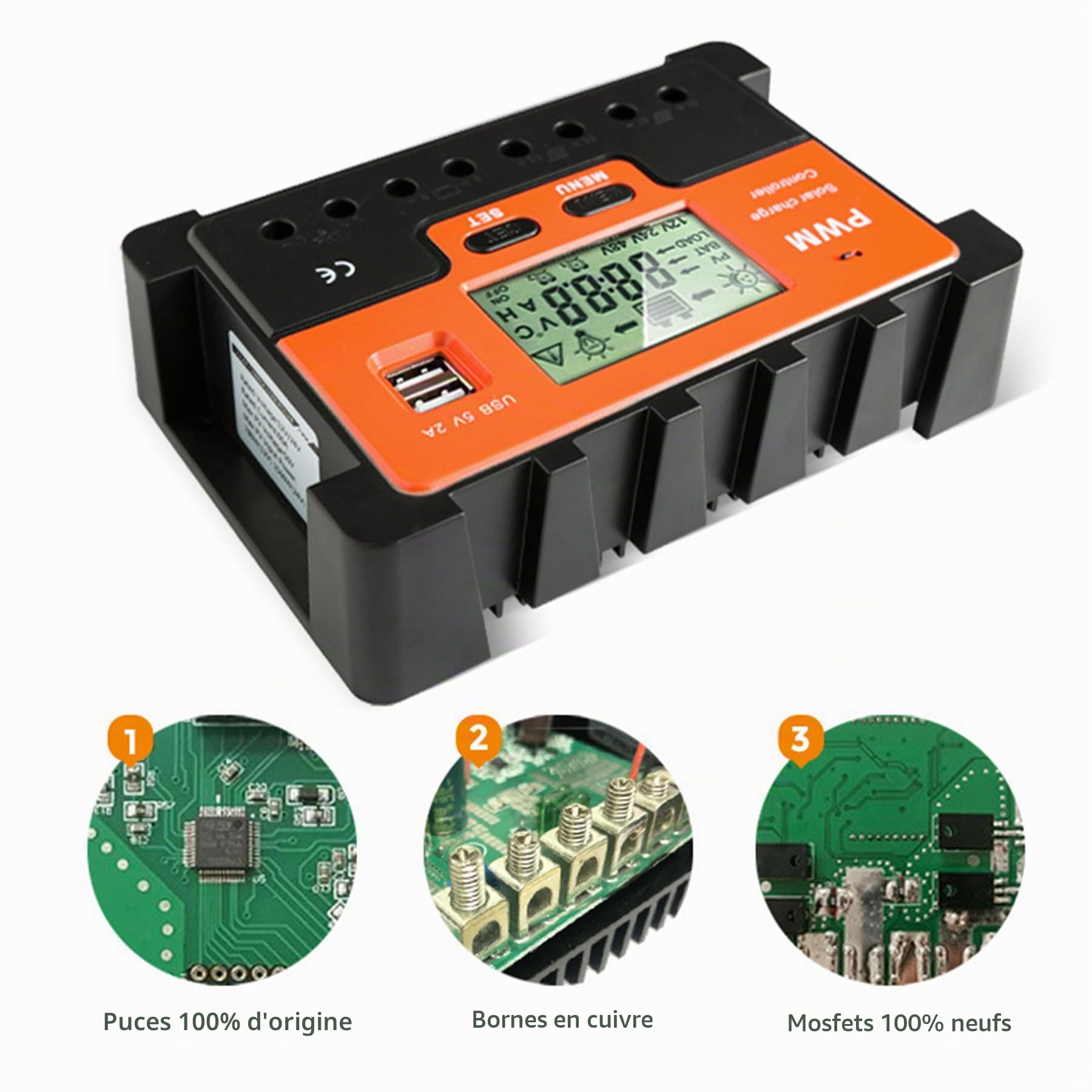 PWM 60A Contrôleur de Charge Solaire 12V 24V 48V Identification Automatique, 60A Régulateur Charge Solaire avec Affichage Rétroéclairé Capteur Température, pour Plomb Acide Batterie lithium Batterie
