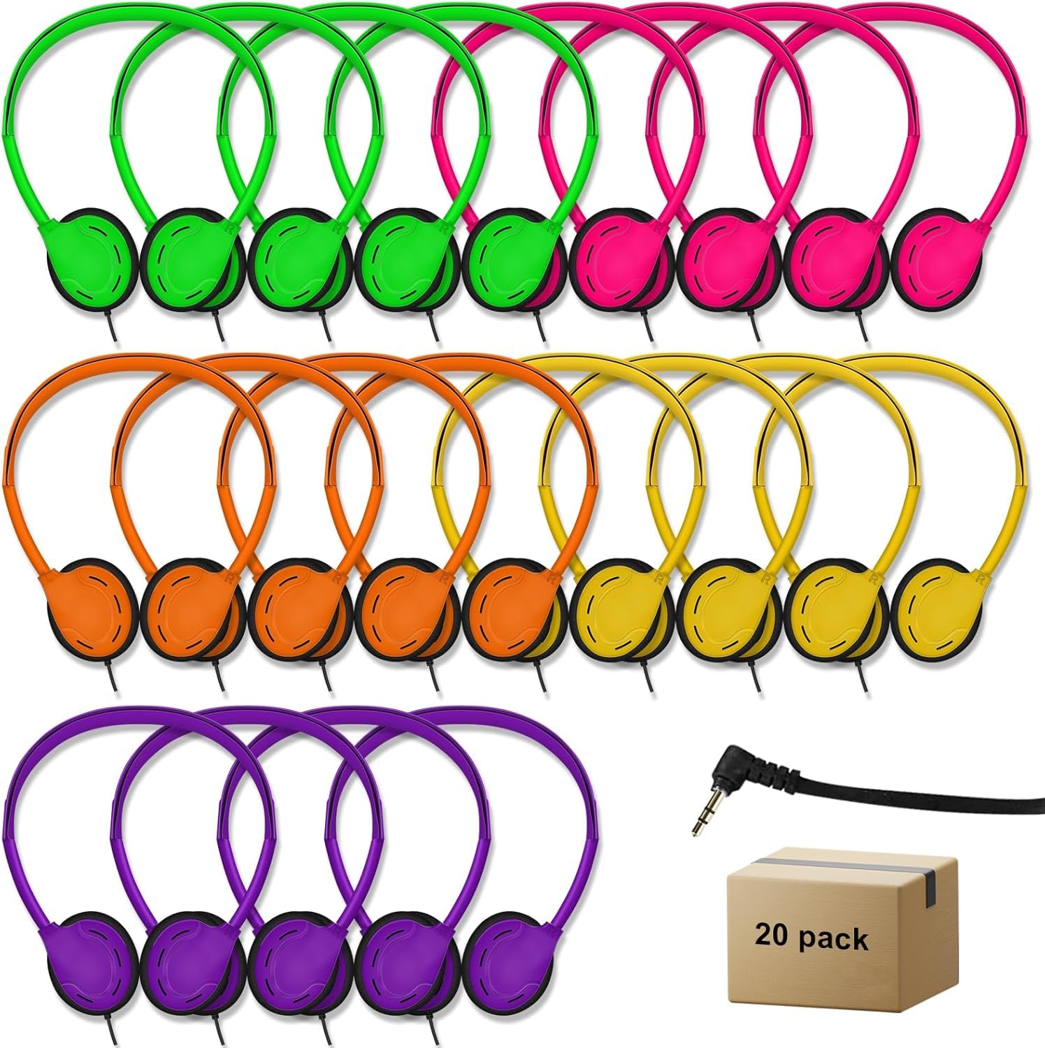 Confezione da 20 cuffie per bambini, studenti, scuola, aula, regolabili, con jack da 3,5 mm, per biblioteca, bambini e adulti (004 cuffie multicolore)