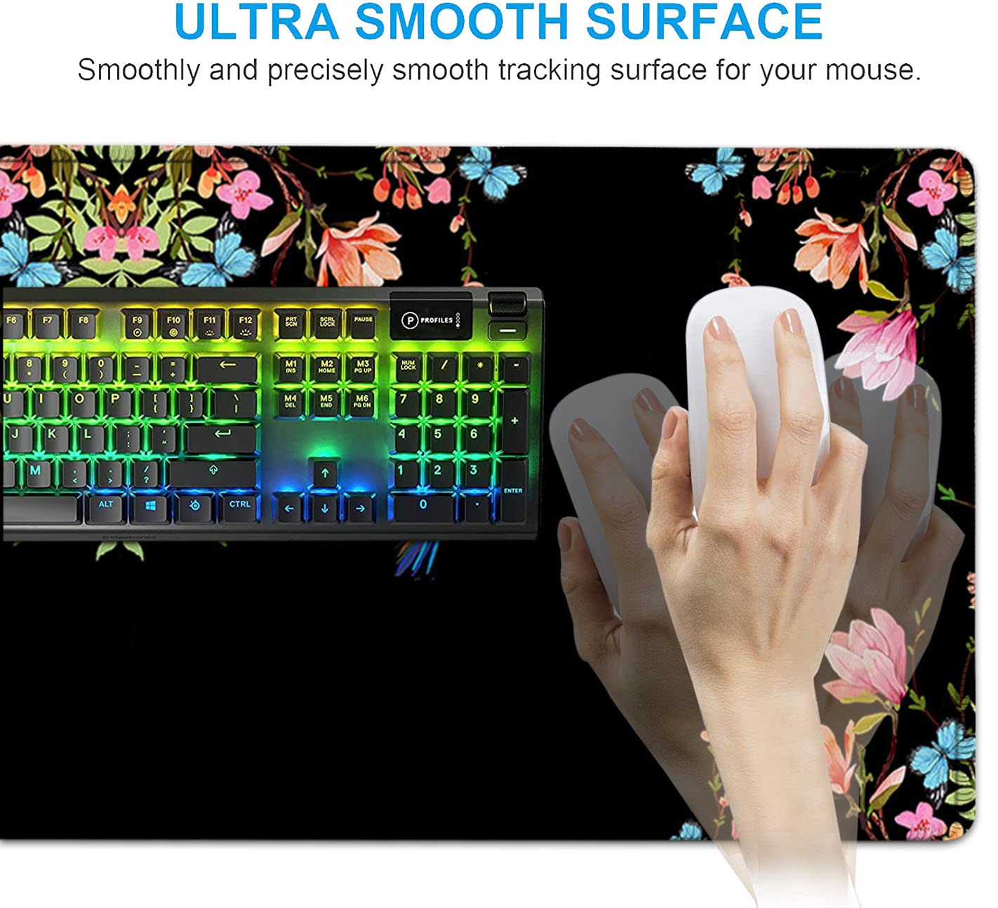 Erweitertes schwarzes Gaming-Mauspad, ergonomische Memory-Schaum-Tastatur-Handgelenkauflage und rutschfeste Maus-Handgelenkauflage für Laptop, Schreibtisch, Schreibblock, Kolibri, Aquarell-Blume,