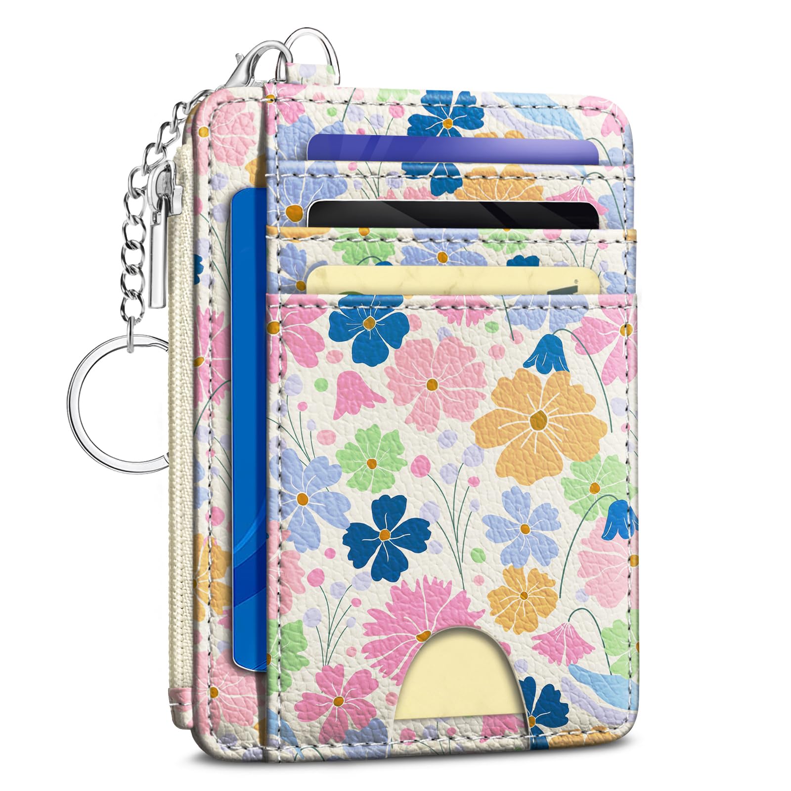 Kelvoris Pastel Flowers Credit Card Holder Small Wallet Women, Floral Slim RFID Blocking Wallet Woman Keychain with Zipper Coin Pocket, Front Pocket