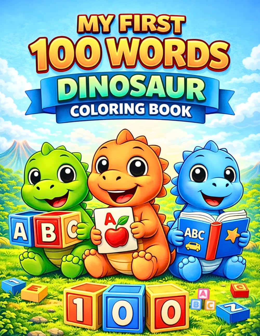 My First 100 Words Dinosaur Coloring Book: Learn Everyday Words with Cute Baby Dinosaurs for Toddlers and Preschoolers Ages 2–5, Dinosaur Coloring Book for Kids